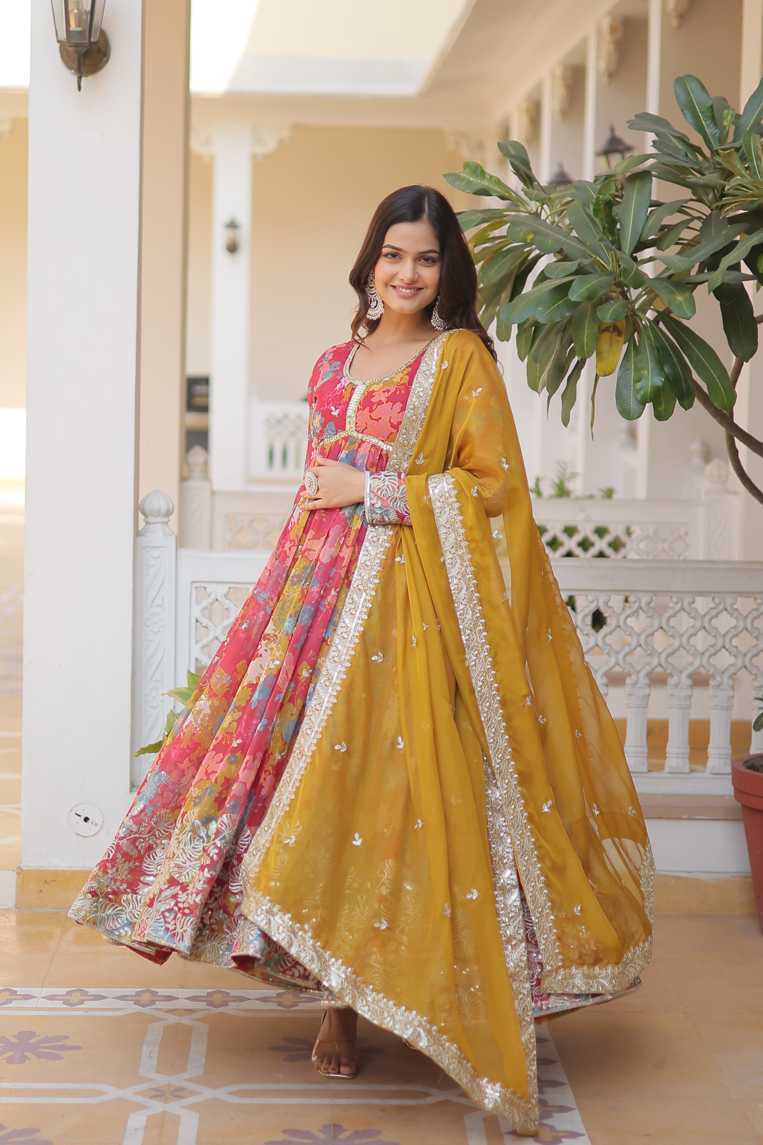 Premium Readymade Red Alia Cut Gown With Dupatta Set