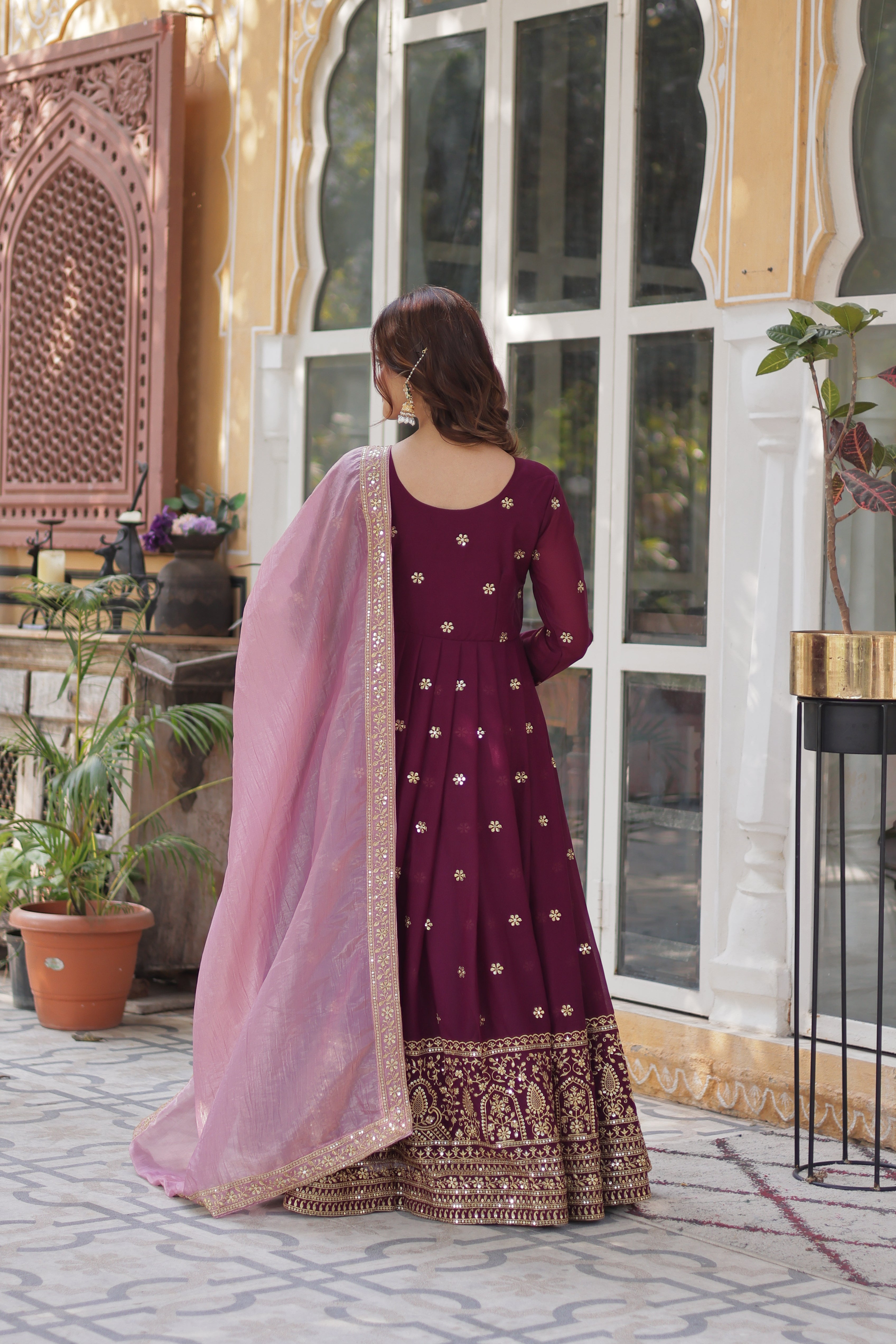 Premium Star Georgette Gown with Embroidery Zari Sequins-work