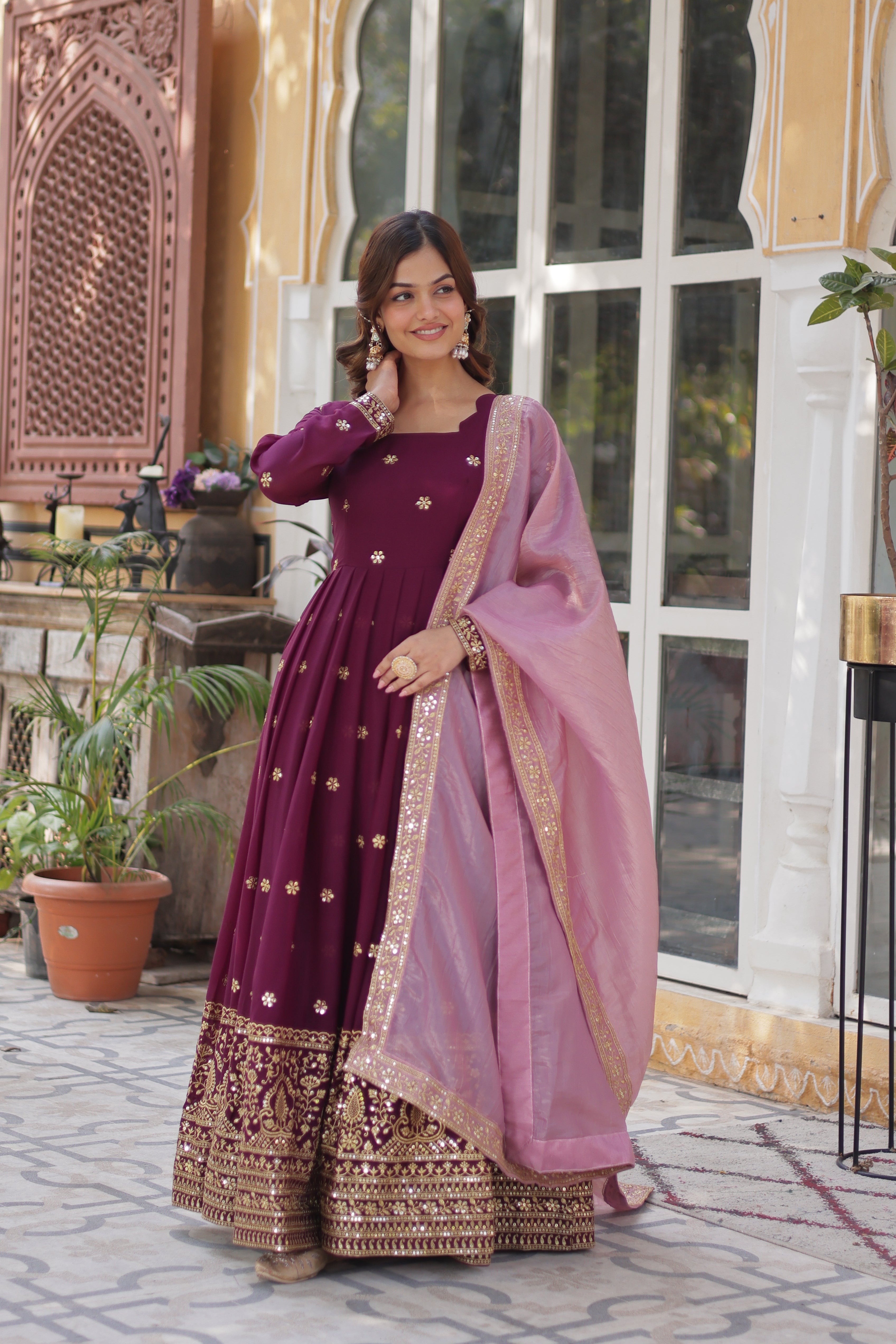 Premium Star Georgette Gown with Embroidery Zari Sequins-work