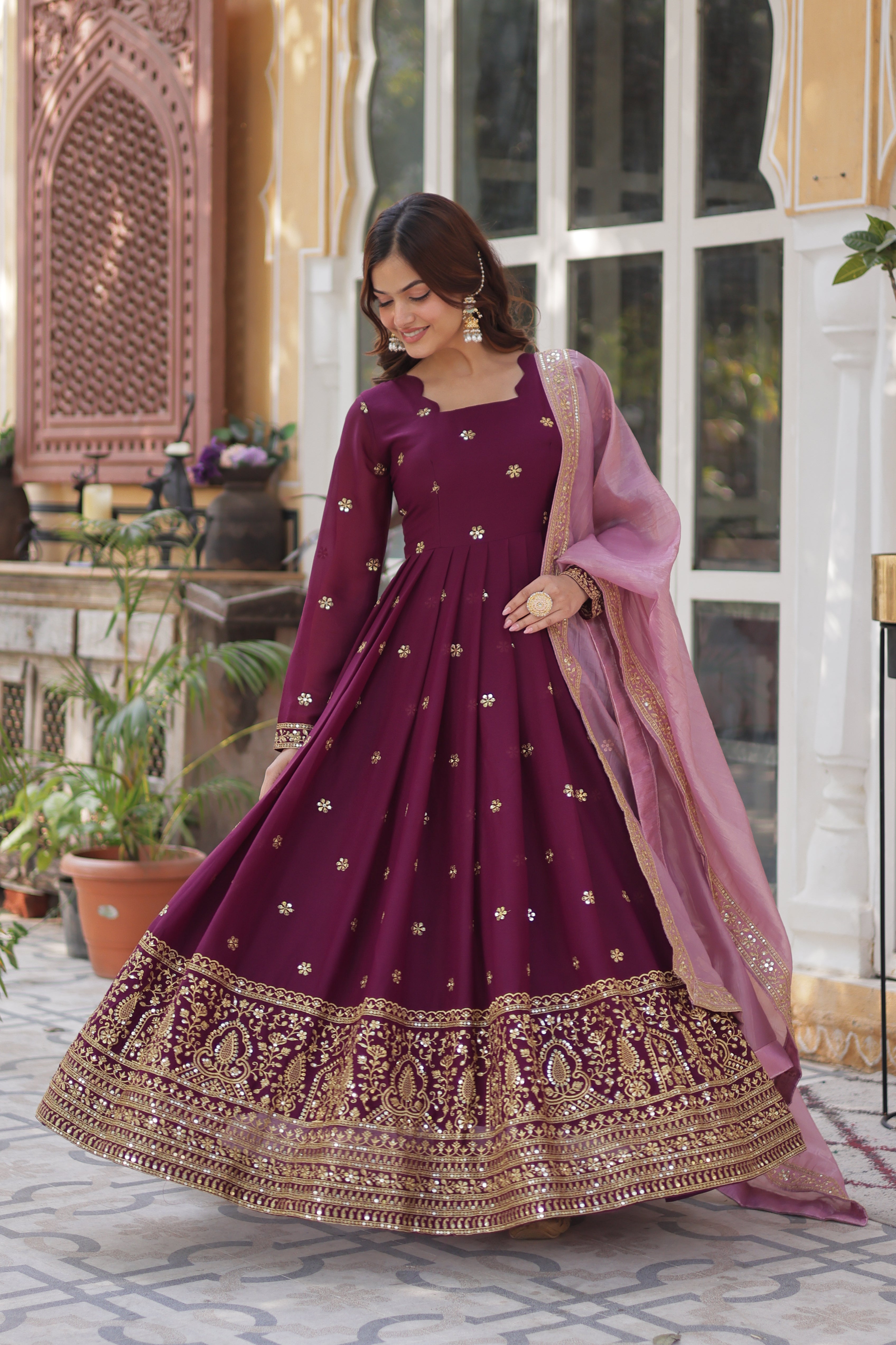 Premium Star Georgette Gown with Embroidery Zari Sequins-work