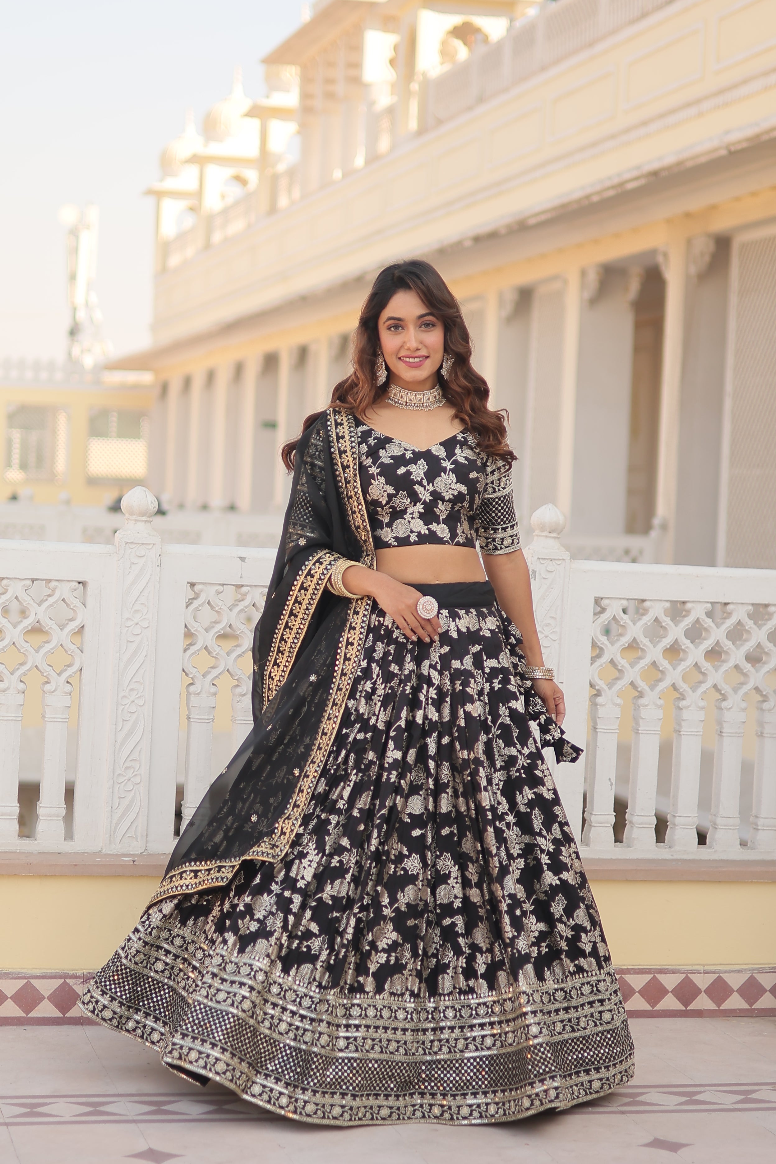 black lehanga set, embroidered lehanga, muktansh