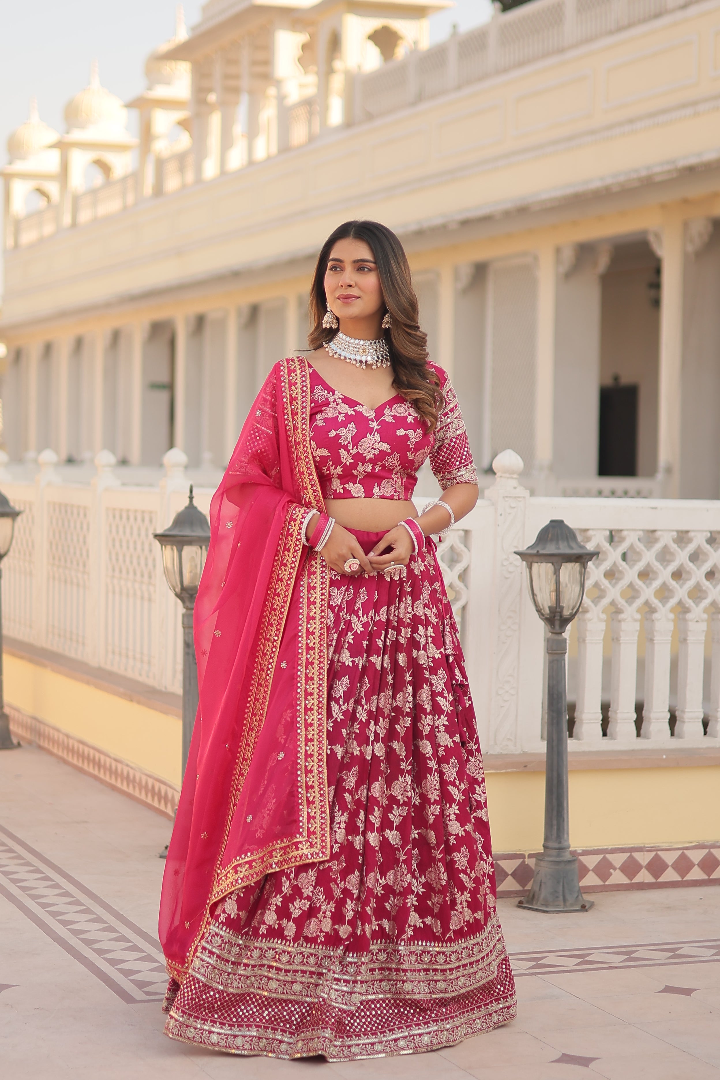Pink Designer Dyeable Pure Viscose Jacquard fabric Lehenga Choli & Dupatta Set