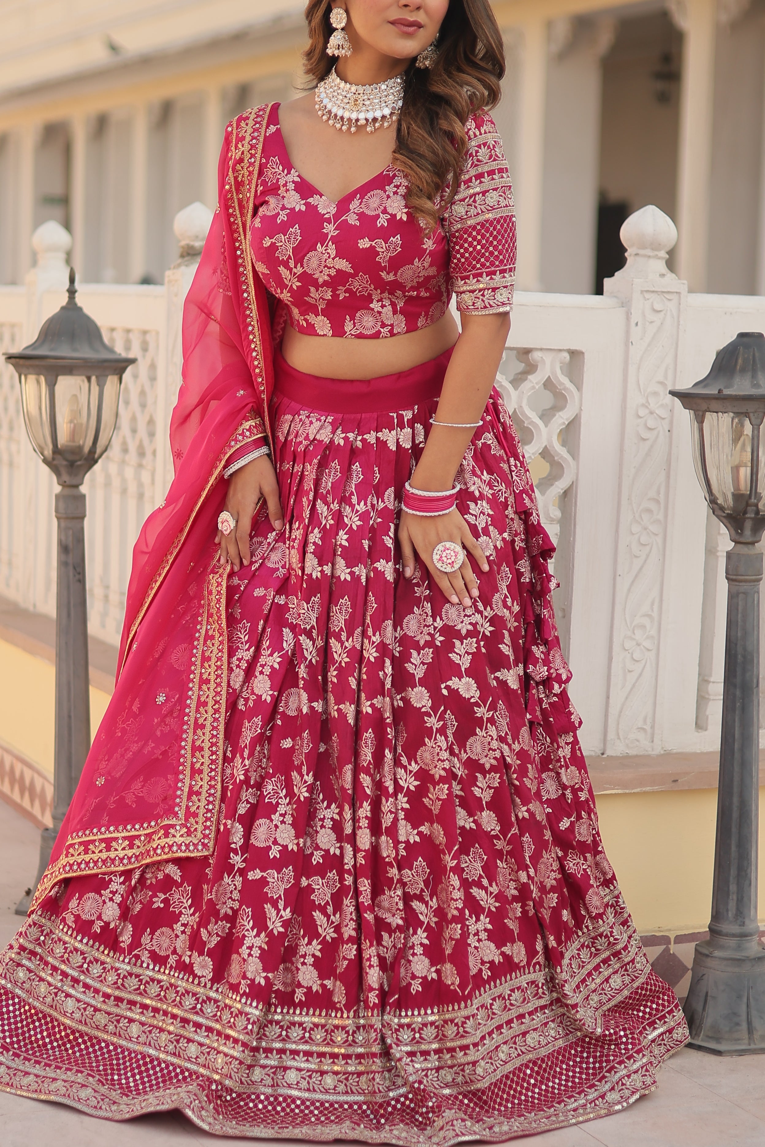 Pink Designer Dyeable Pure Viscose Jacquard fabric Lehenga Choli & Dupatta Set