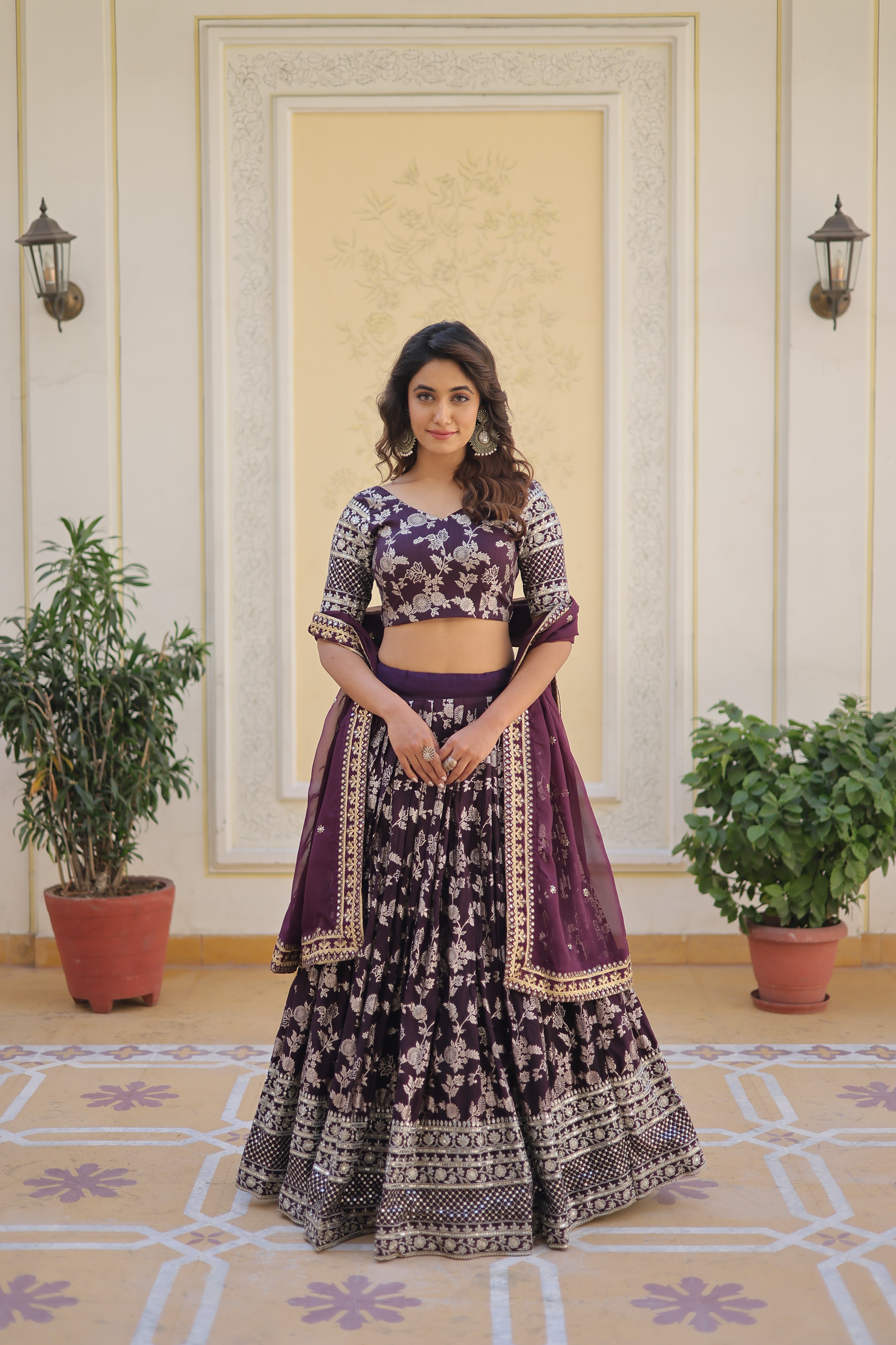 Wine Designer Dyeable Pure Viscose Jacquard fabric Lehenga Choli & Dupatta Set