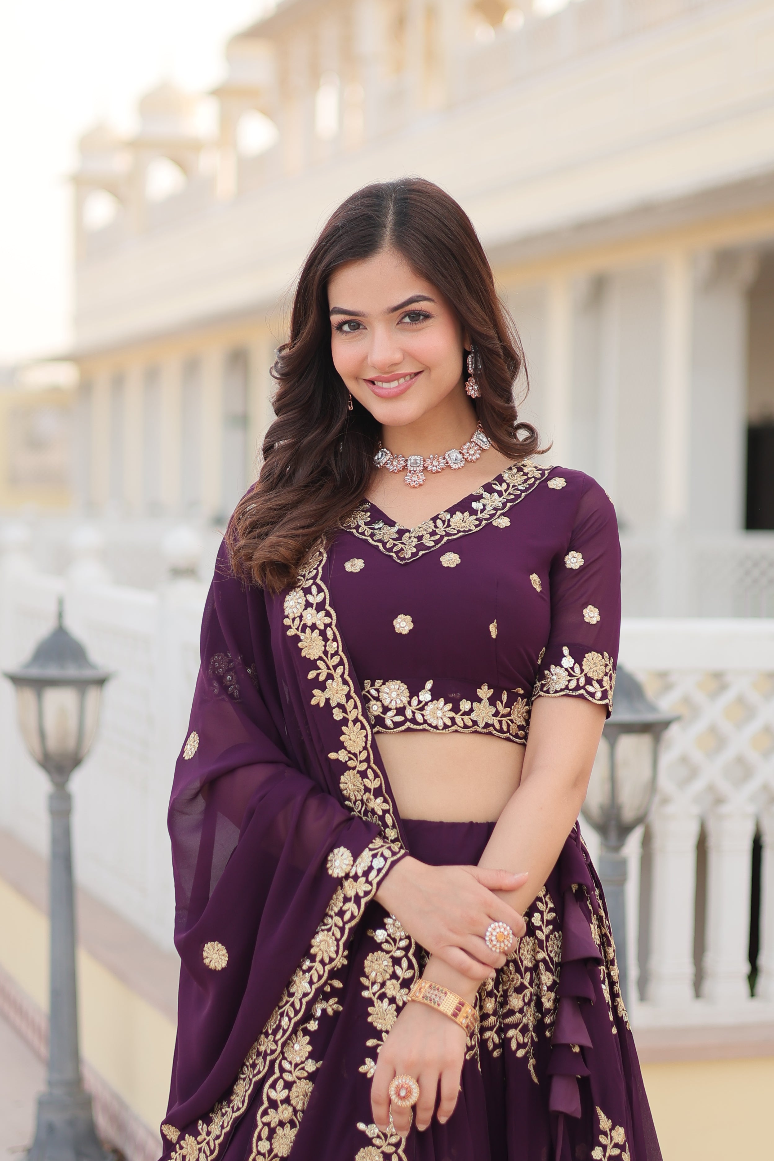 Embroidered Wine Fully Flaired Georgette Lehenga Set