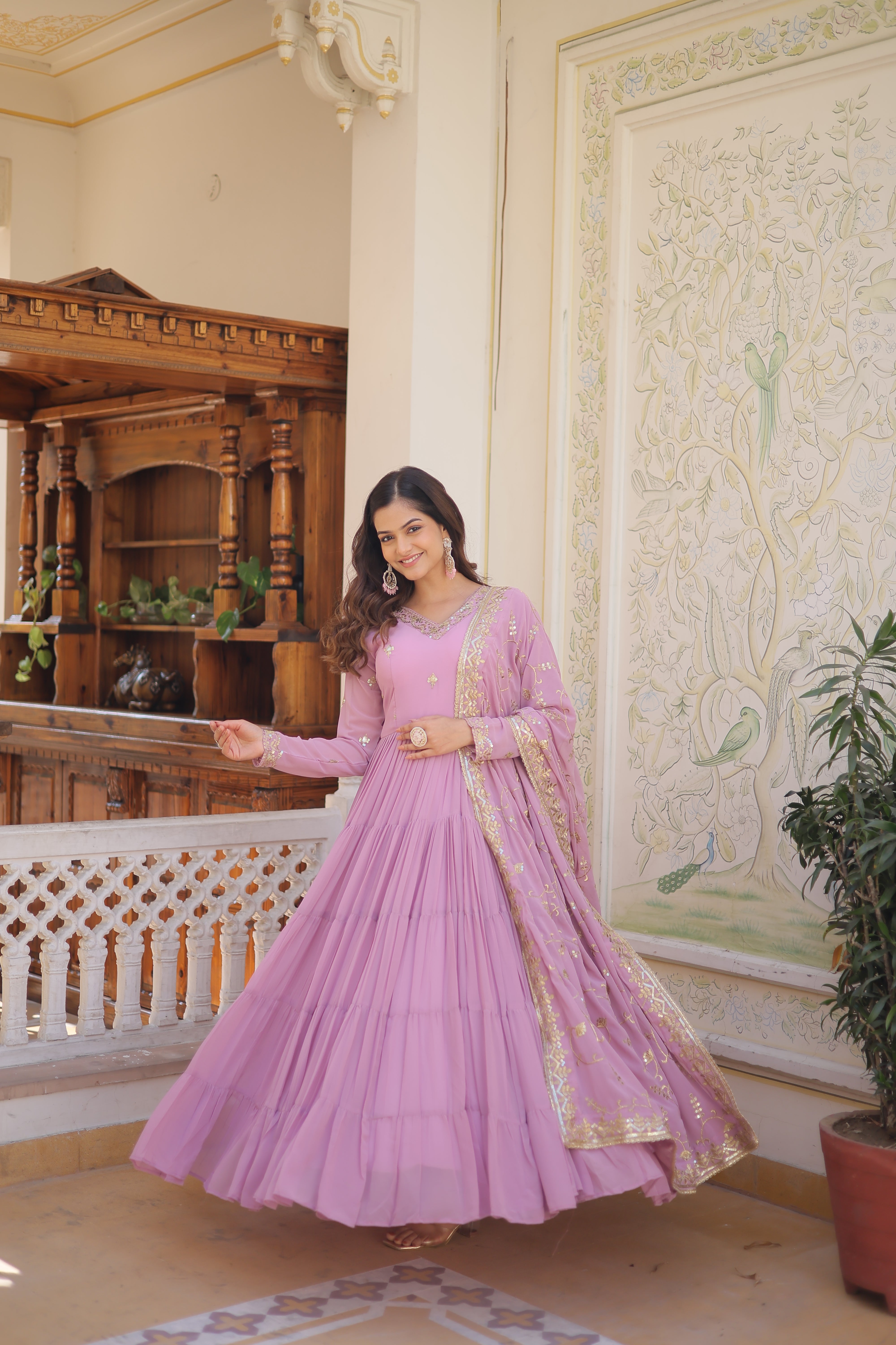 Purple Women's Designer Gown With Dupatta Sets