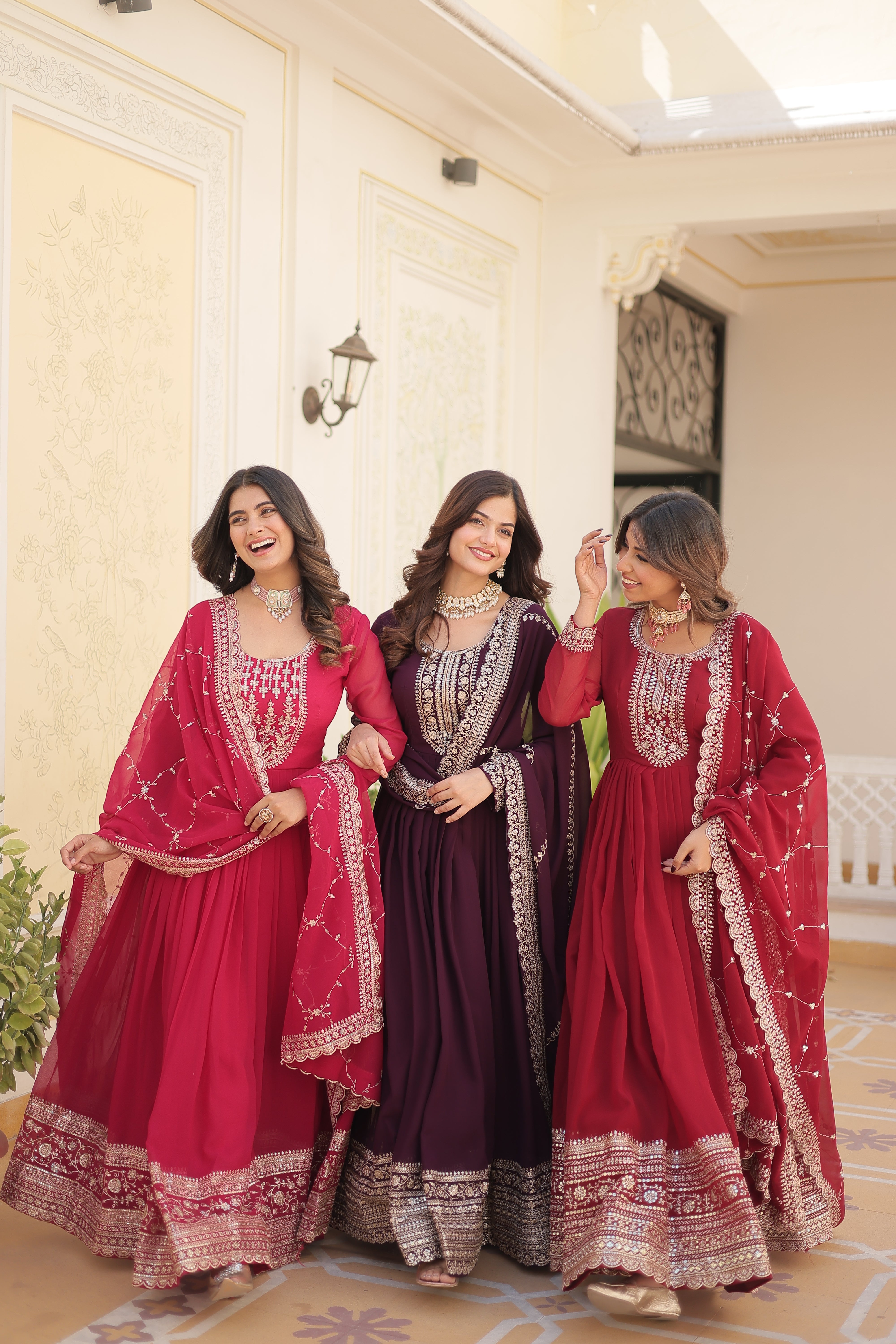Wine Faux Blooming Gown With Embroidered Dupatta