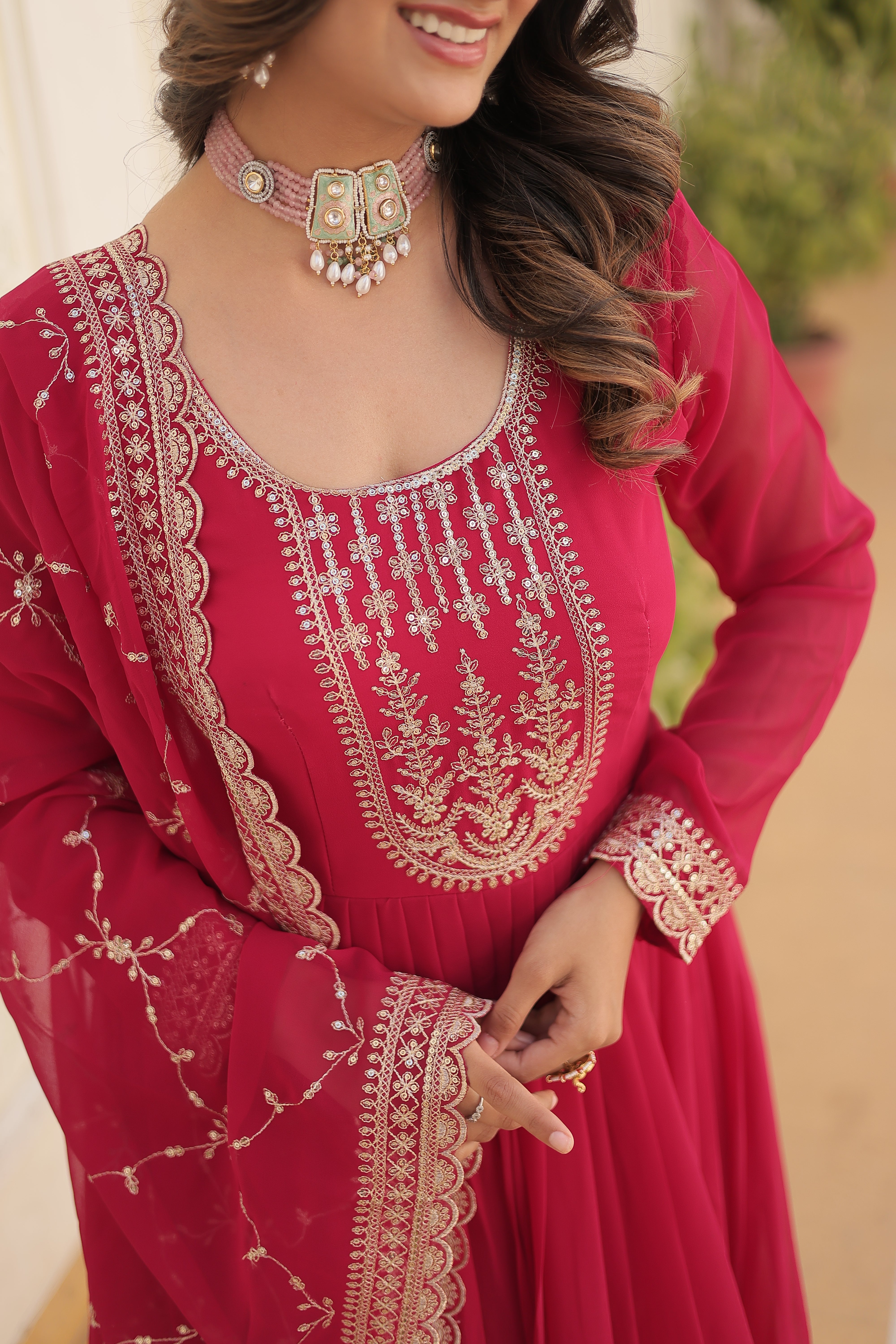 Pink Faux Blooming Gown With Embroidered Dupatta