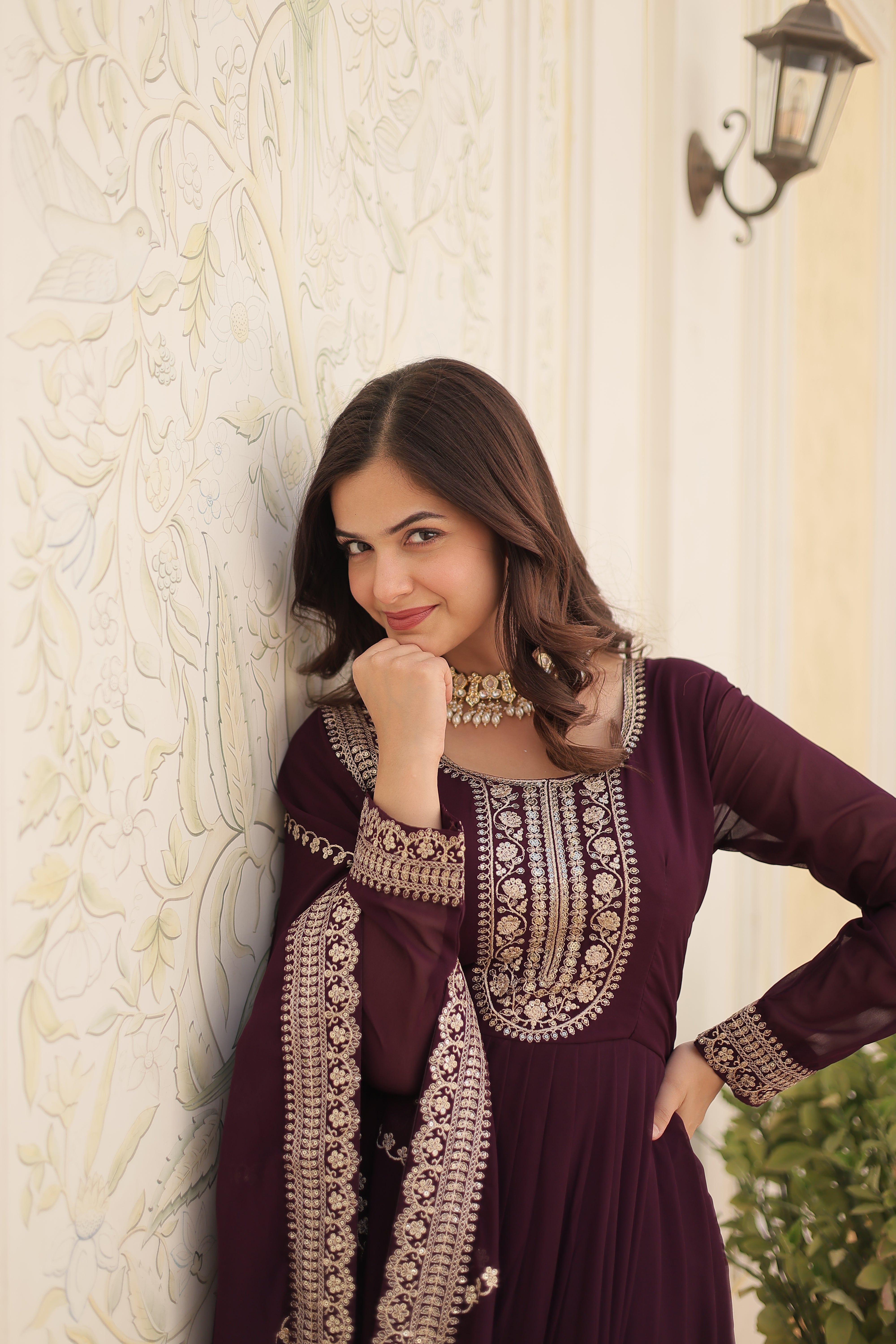 Wine Faux Blooming Gown With Embroidered Dupatta