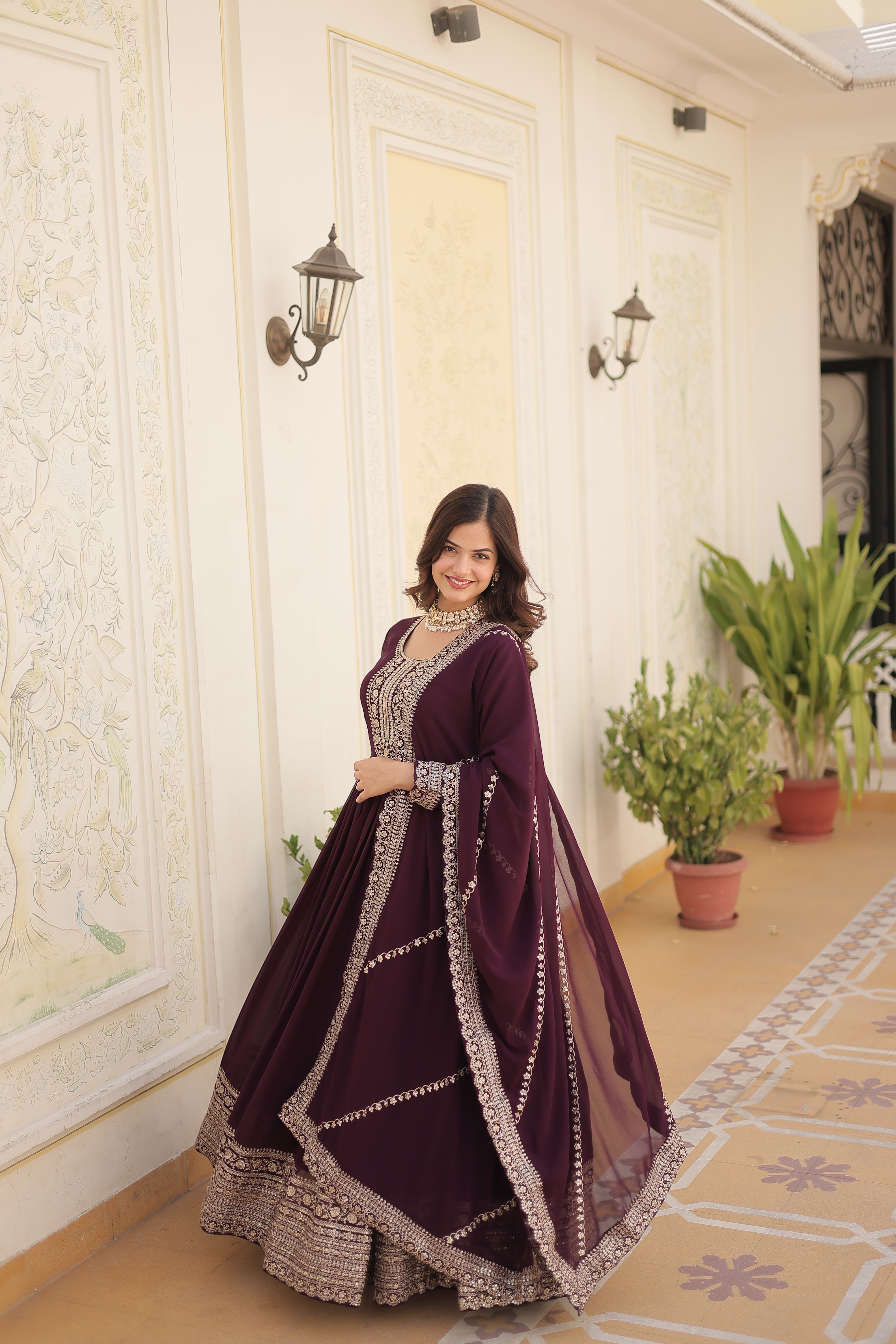 Wine Faux Blooming Gown With Embroidered Dupatta