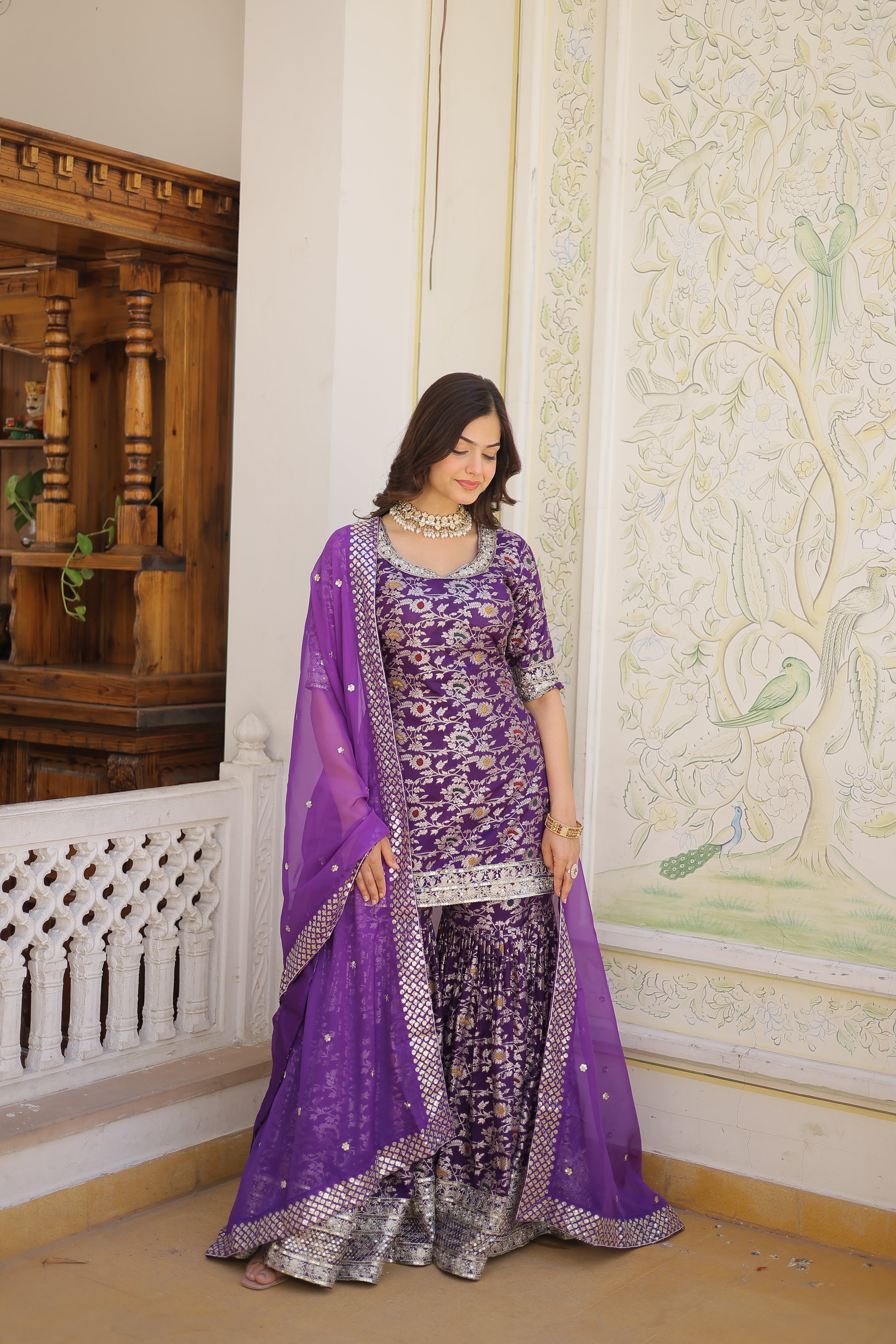 Purple Beautiful Kurta Sharara Set With Dupatta