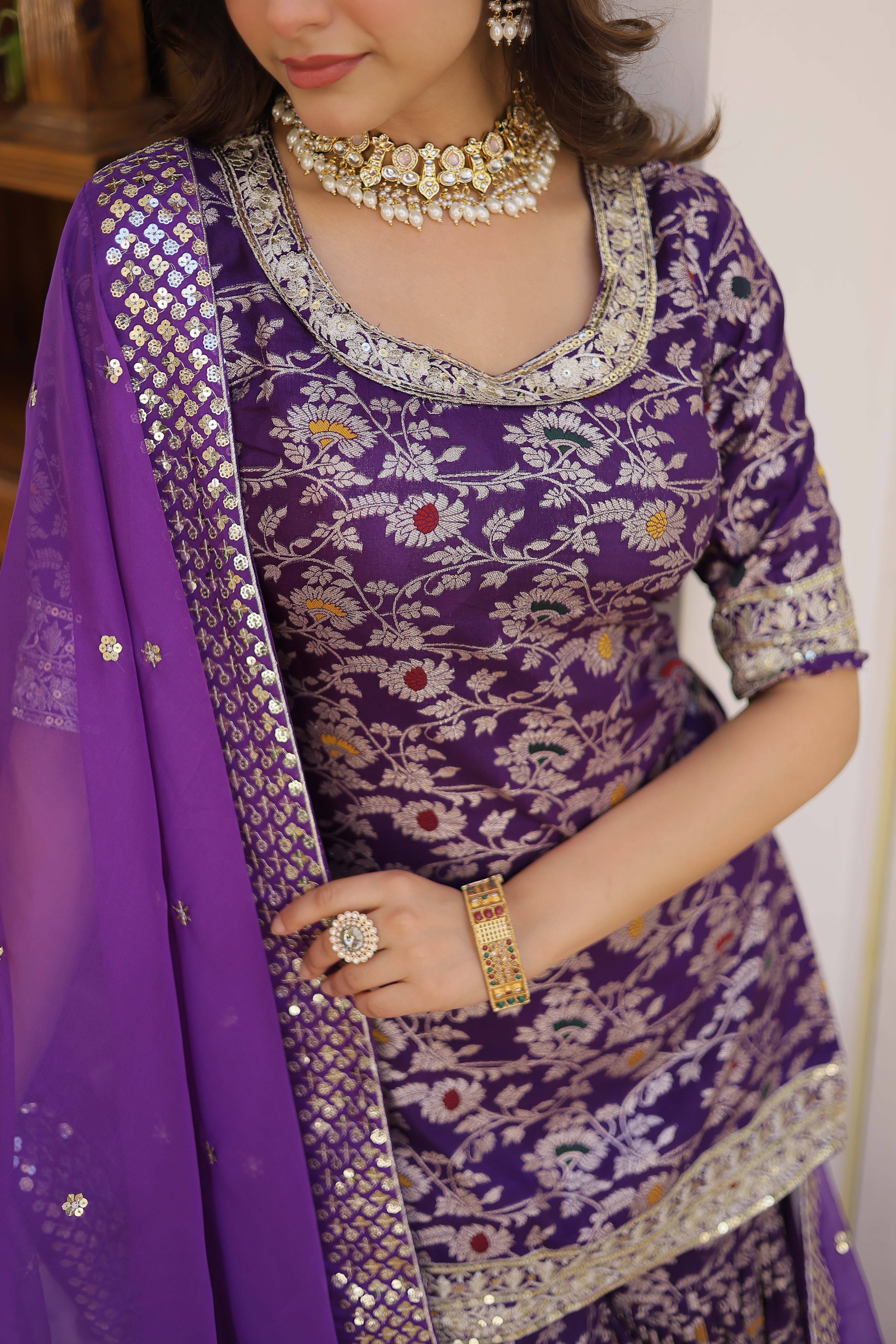 Purple Beautiful Kurta Sharara Set With Dupatta