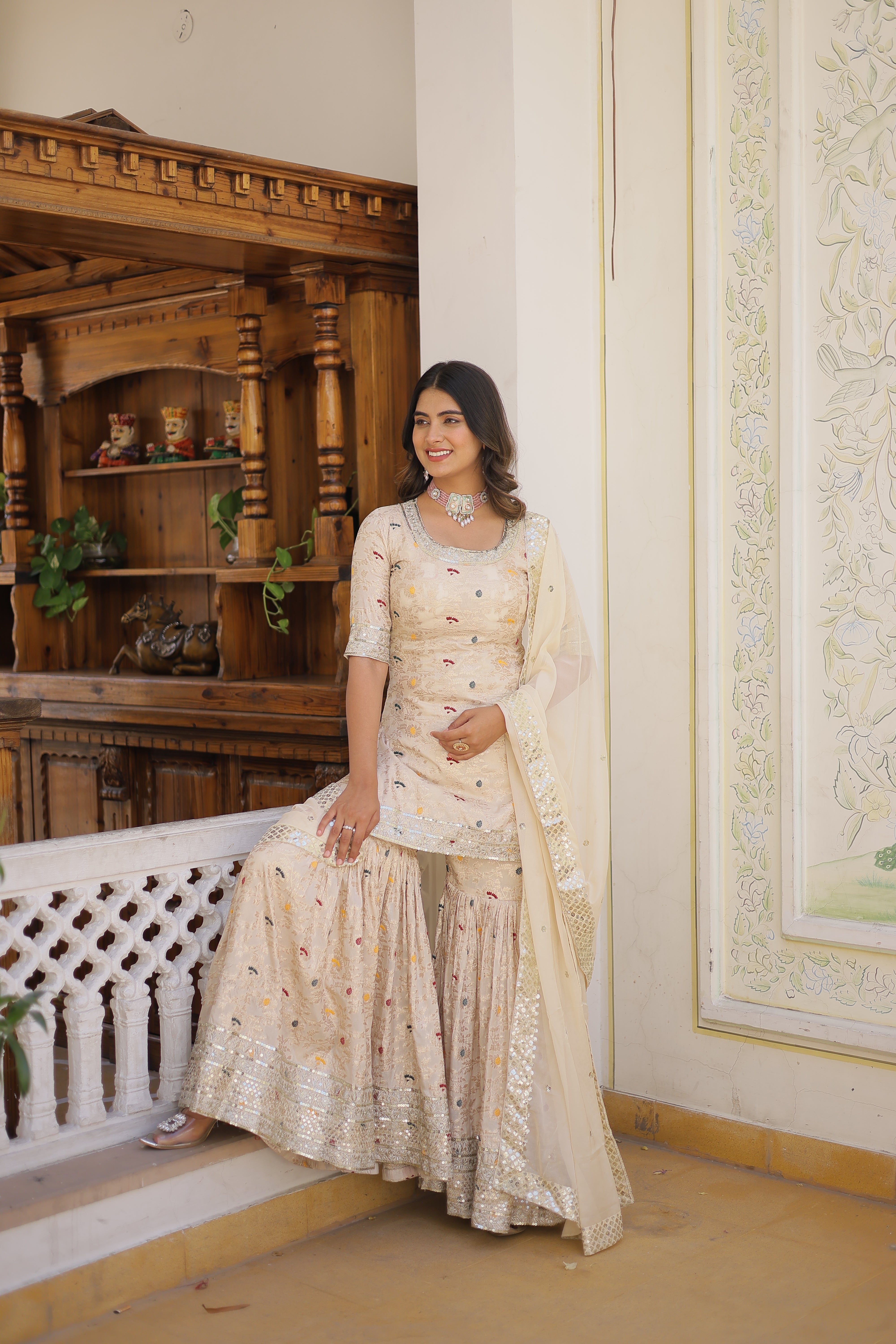 White Beautiful Kurta Sharara Set With Dupatta