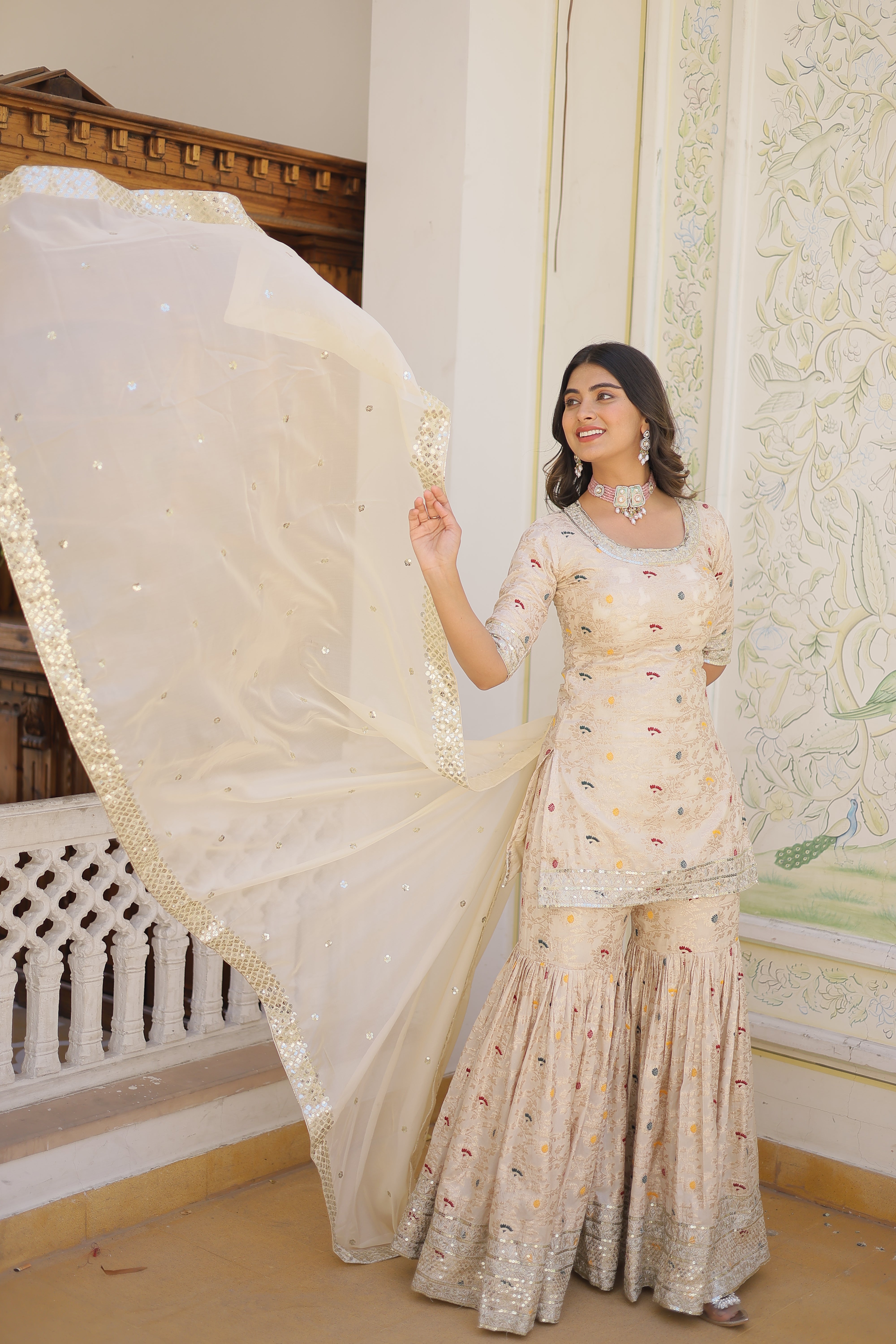 White Beautiful Kurta Sharara Set With Dupatta