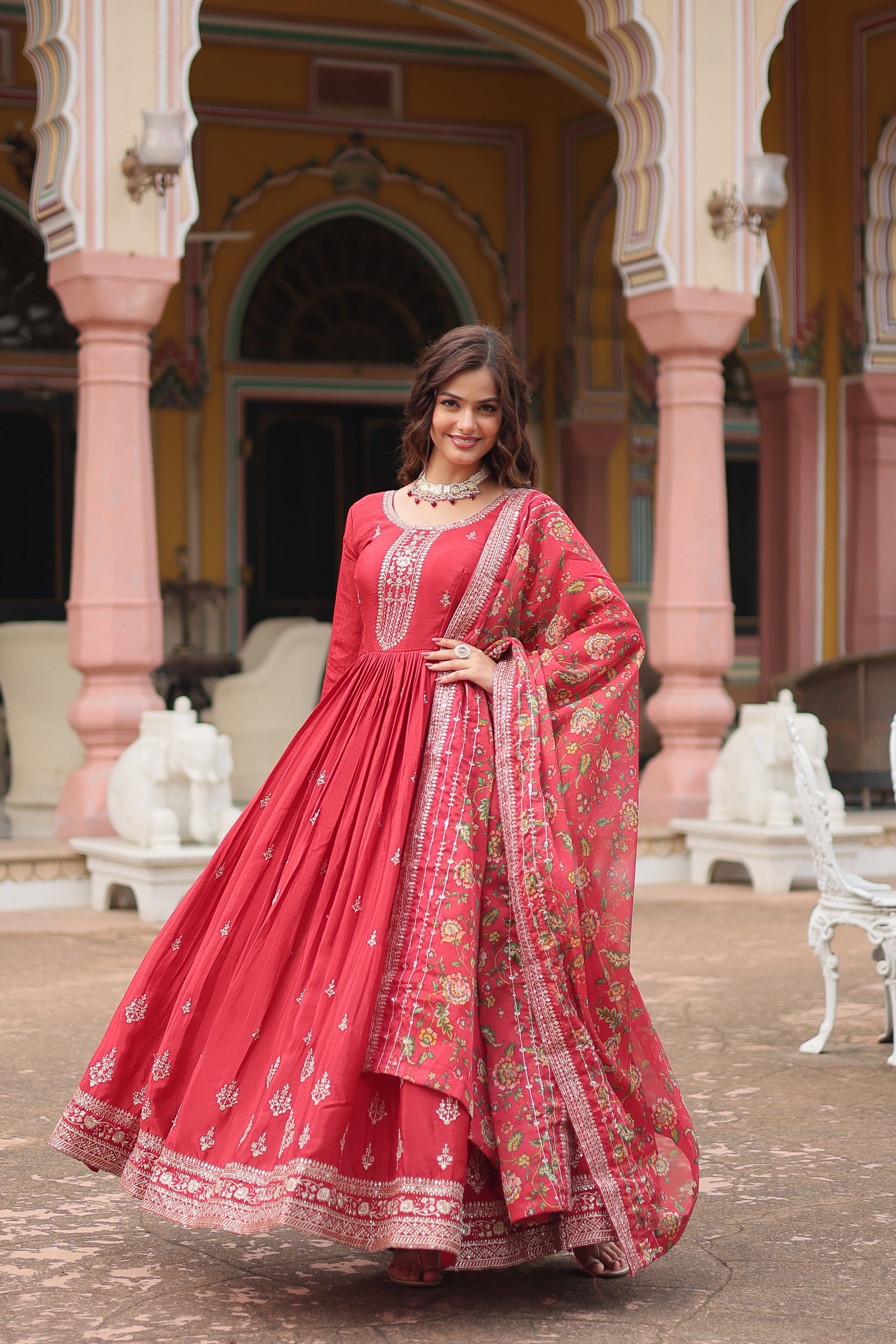 Maroon Chinnon Silk Gown With Silk Kalamkari Printed Dupatta Sets