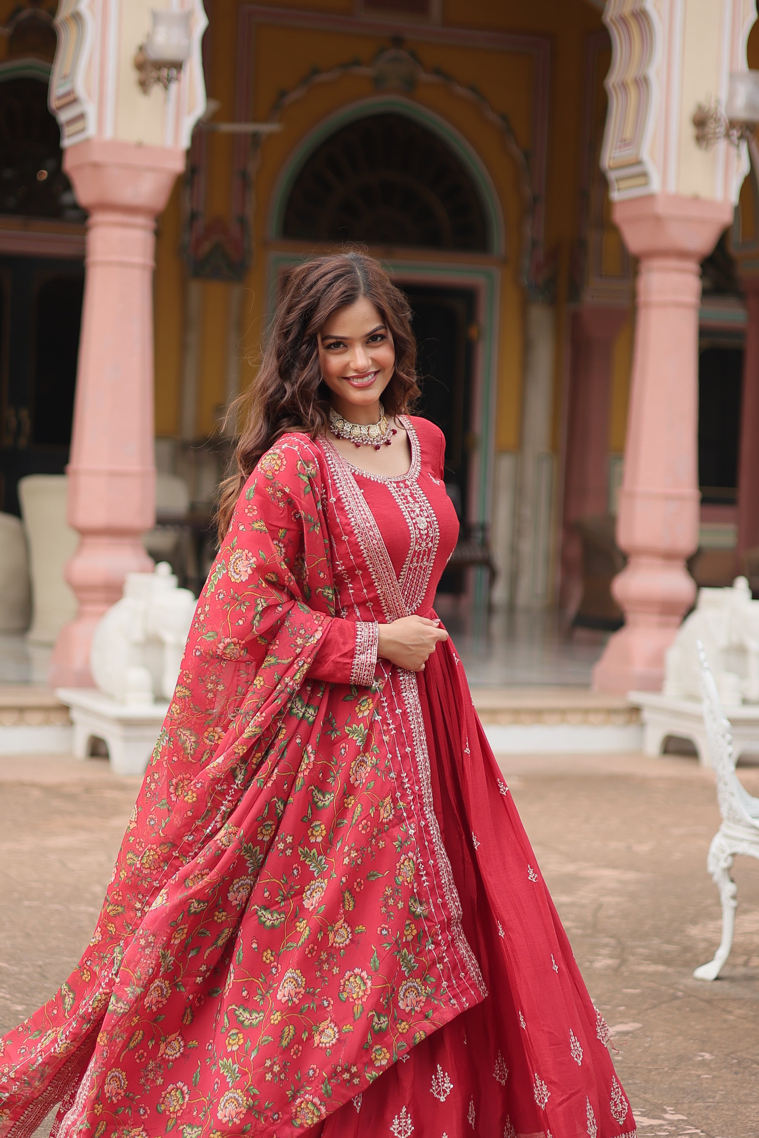 Maroon Chinnon Silk Gown With Silk Kalamkari Printed Dupatta Sets