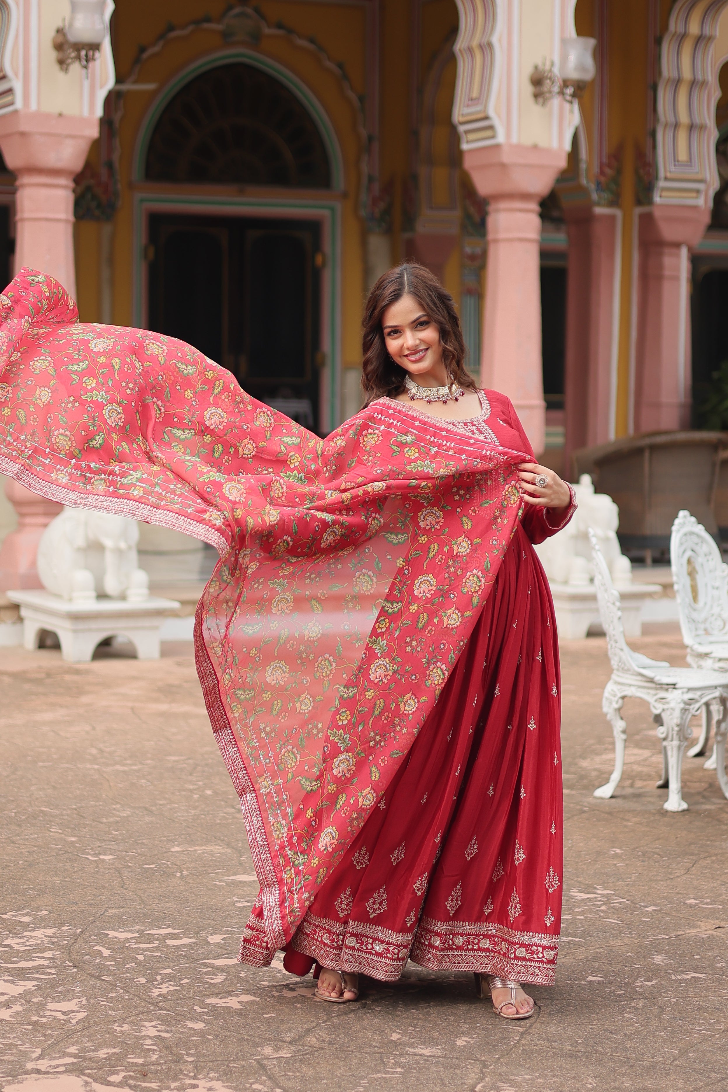 Maroon Chinnon Silk Gown With Silk Kalamkari Printed Dupatta Sets