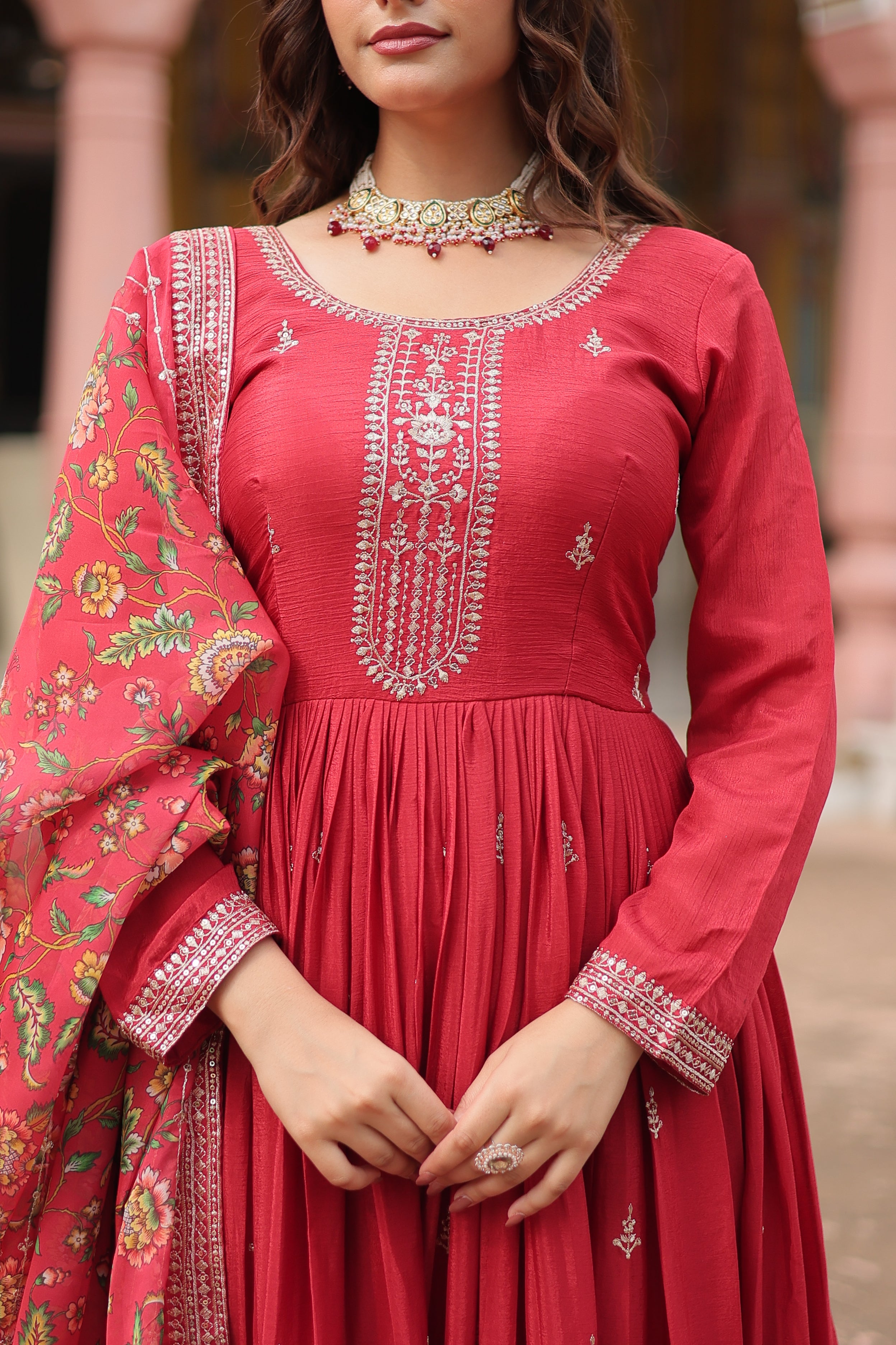 Maroon Chinnon Silk Gown With Silk Kalamkari Printed Dupatta Sets