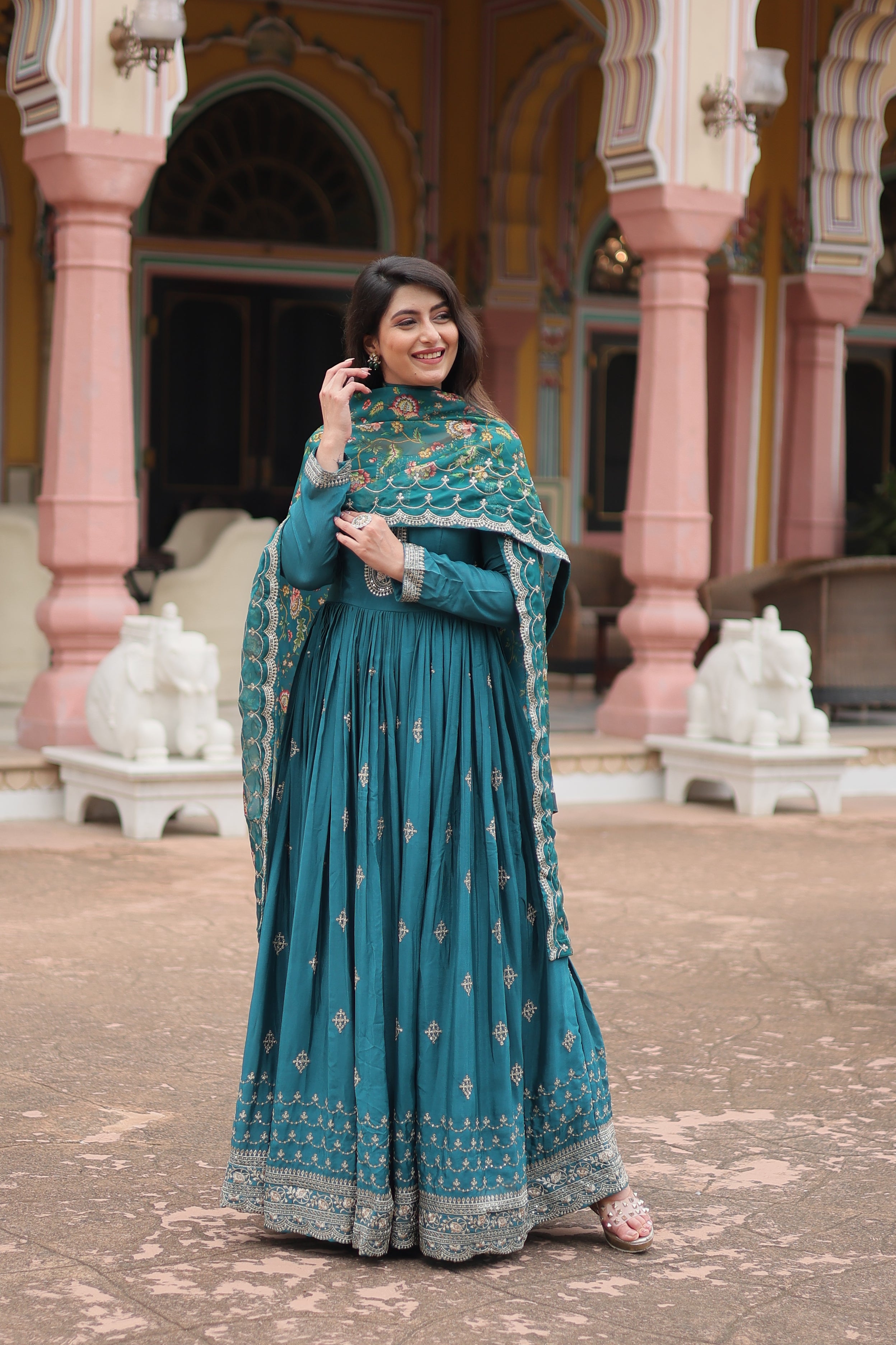 Rama Chinnon Silk Gown With Silk Kalamkari Printed Dupatta Sets