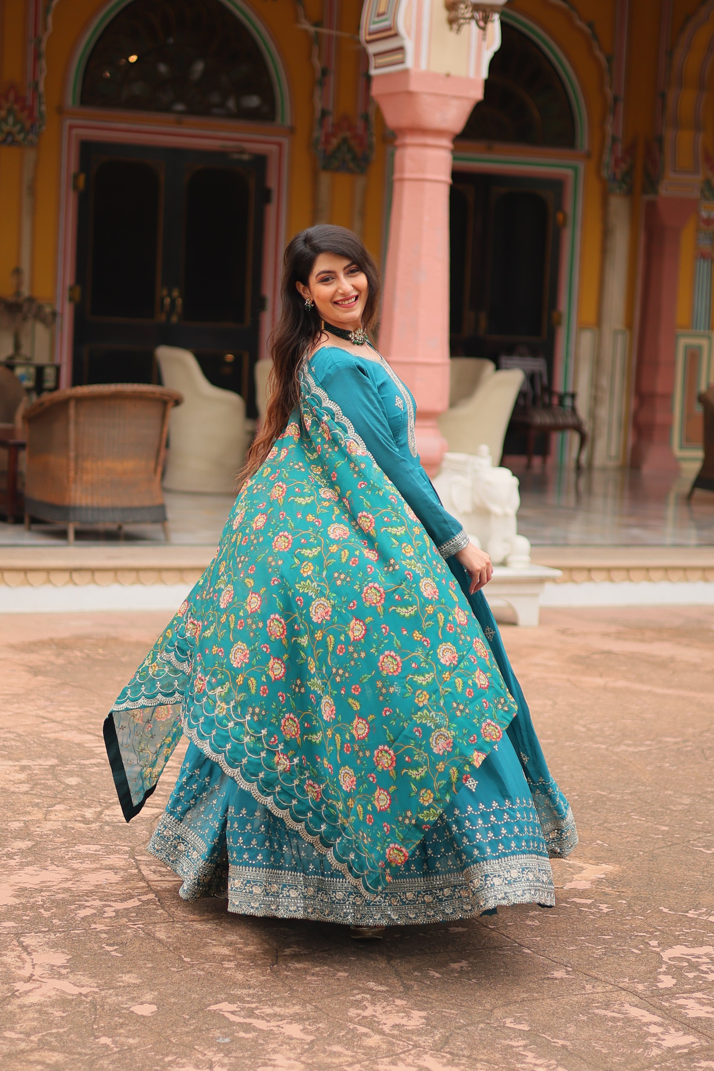 Rama Chinnon Silk Gown With Silk Kalamkari Printed Dupatta Sets