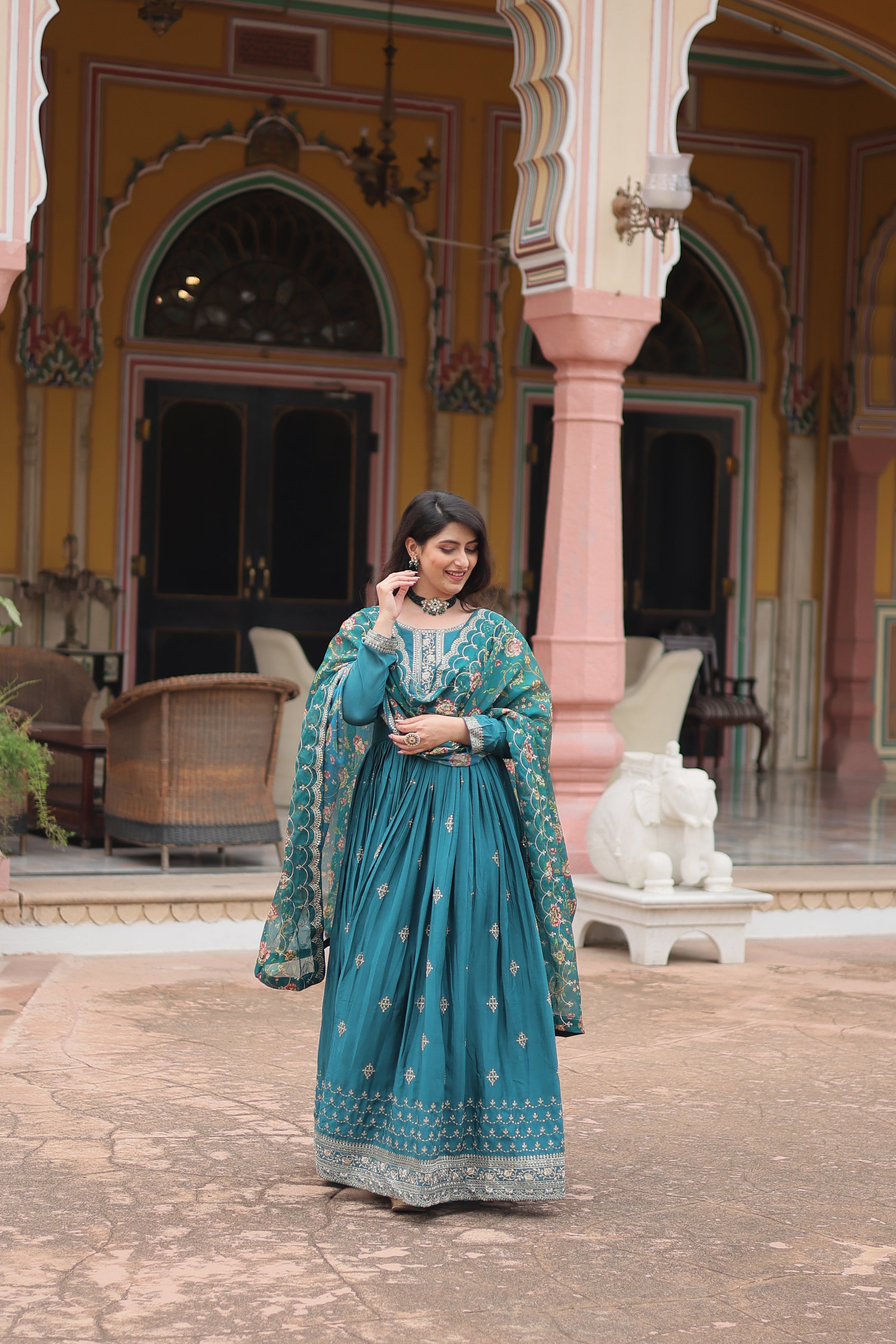 Rama Chinnon Silk Gown With Silk Kalamkari Printed Dupatta Sets