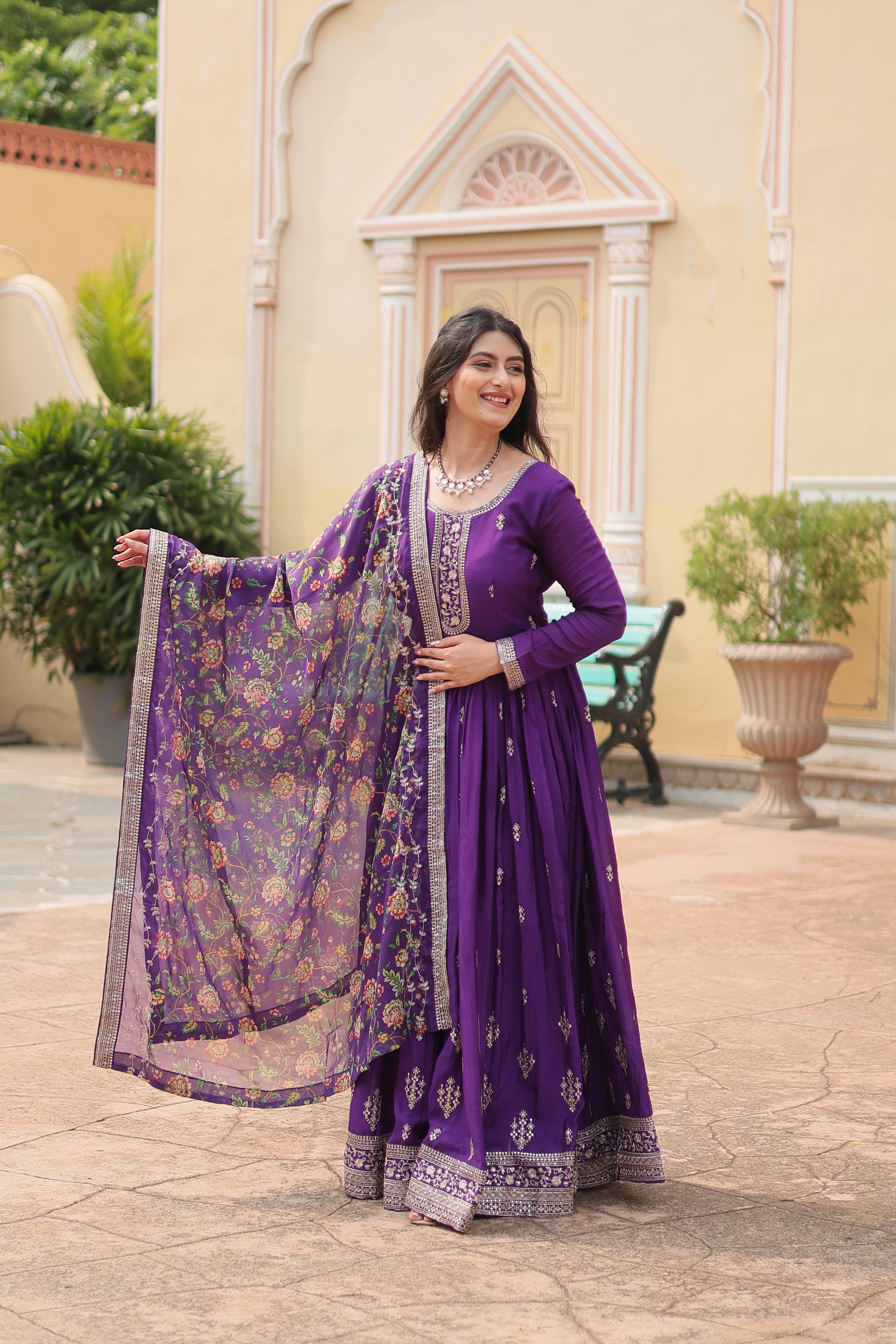 Purple Chinnon Silk Gown With Silk Kalamkari Printed Dupatta Sets