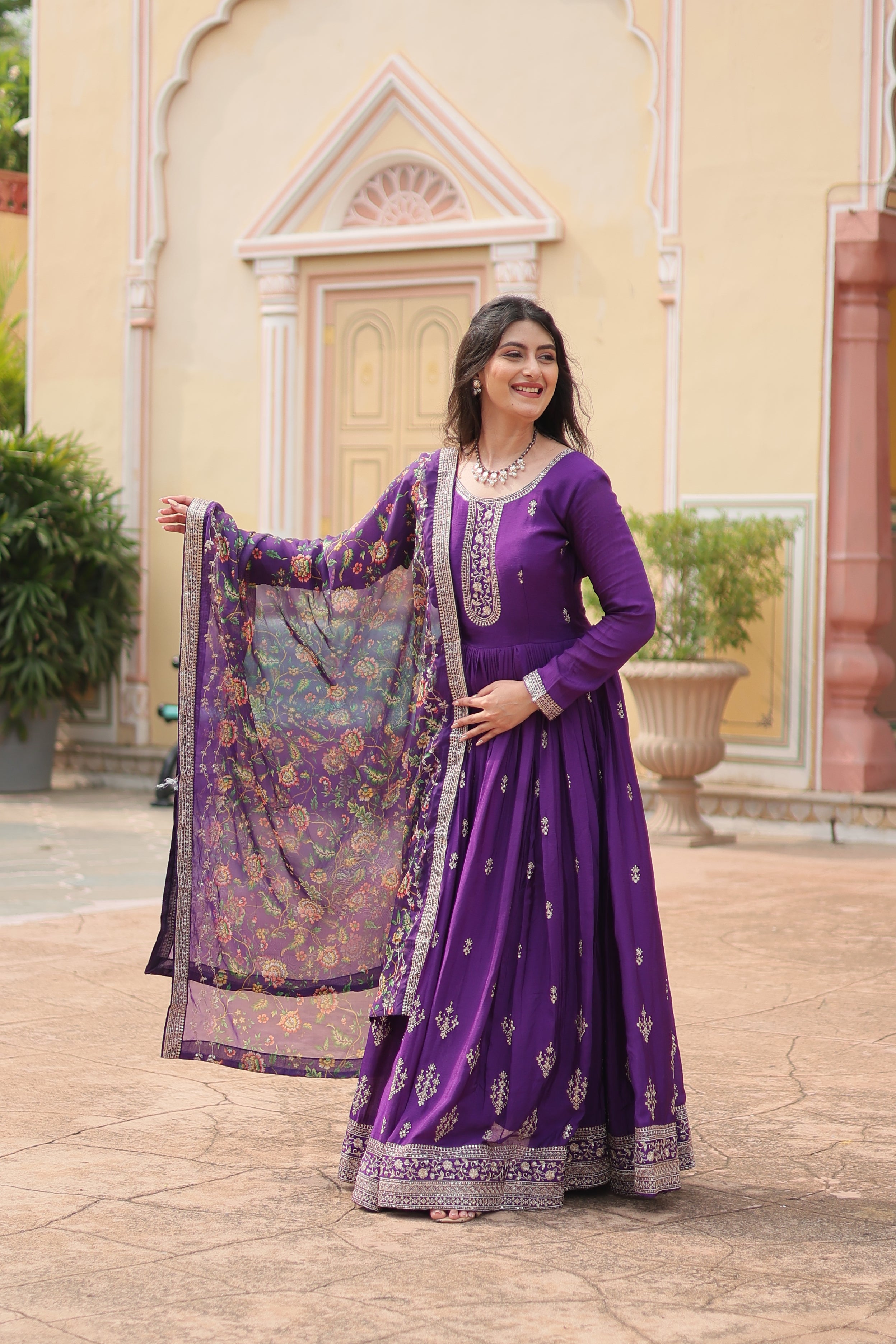 Purple Chinnon Silk Gown With Silk Kalamkari Printed Dupatta Sets