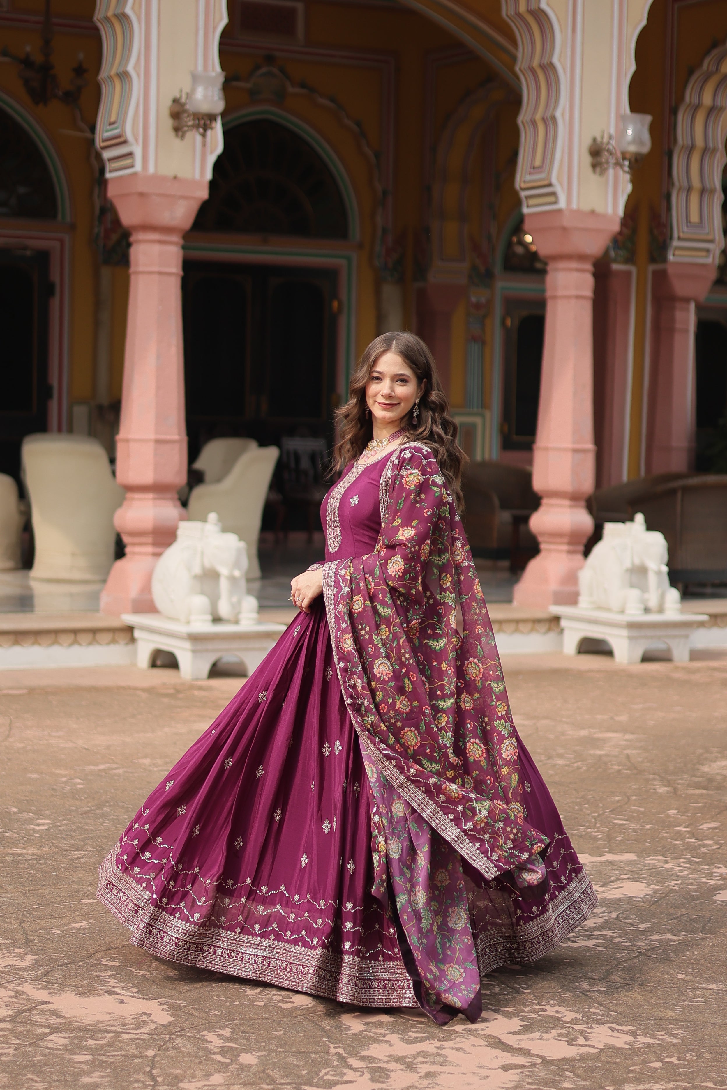 Wine Chinnon Silk Gown With Silk Kalamkari Printed Dupatta Sets