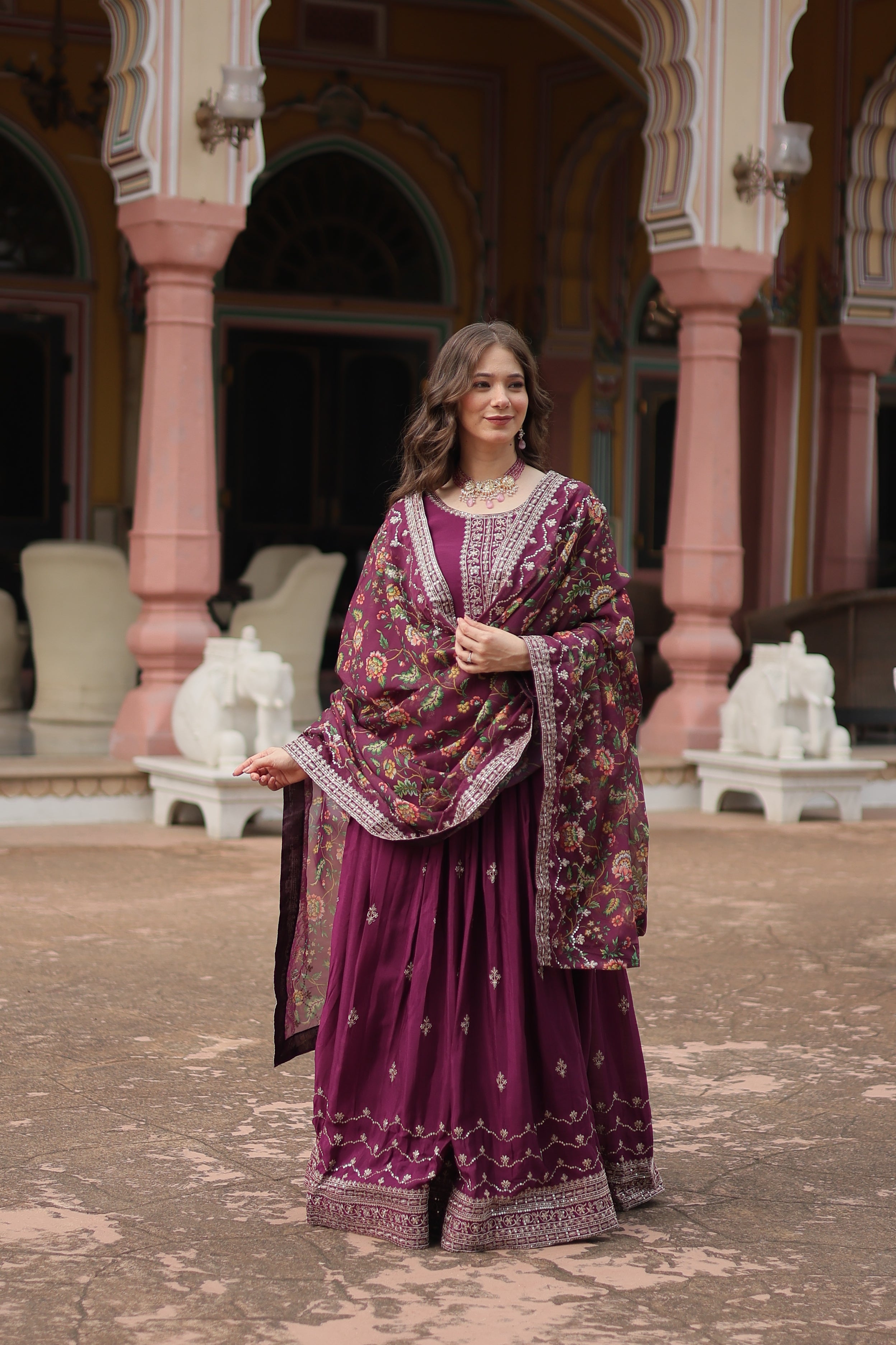 Wine Chinnon Silk Gown With Silk Kalamkari Printed Dupatta Sets