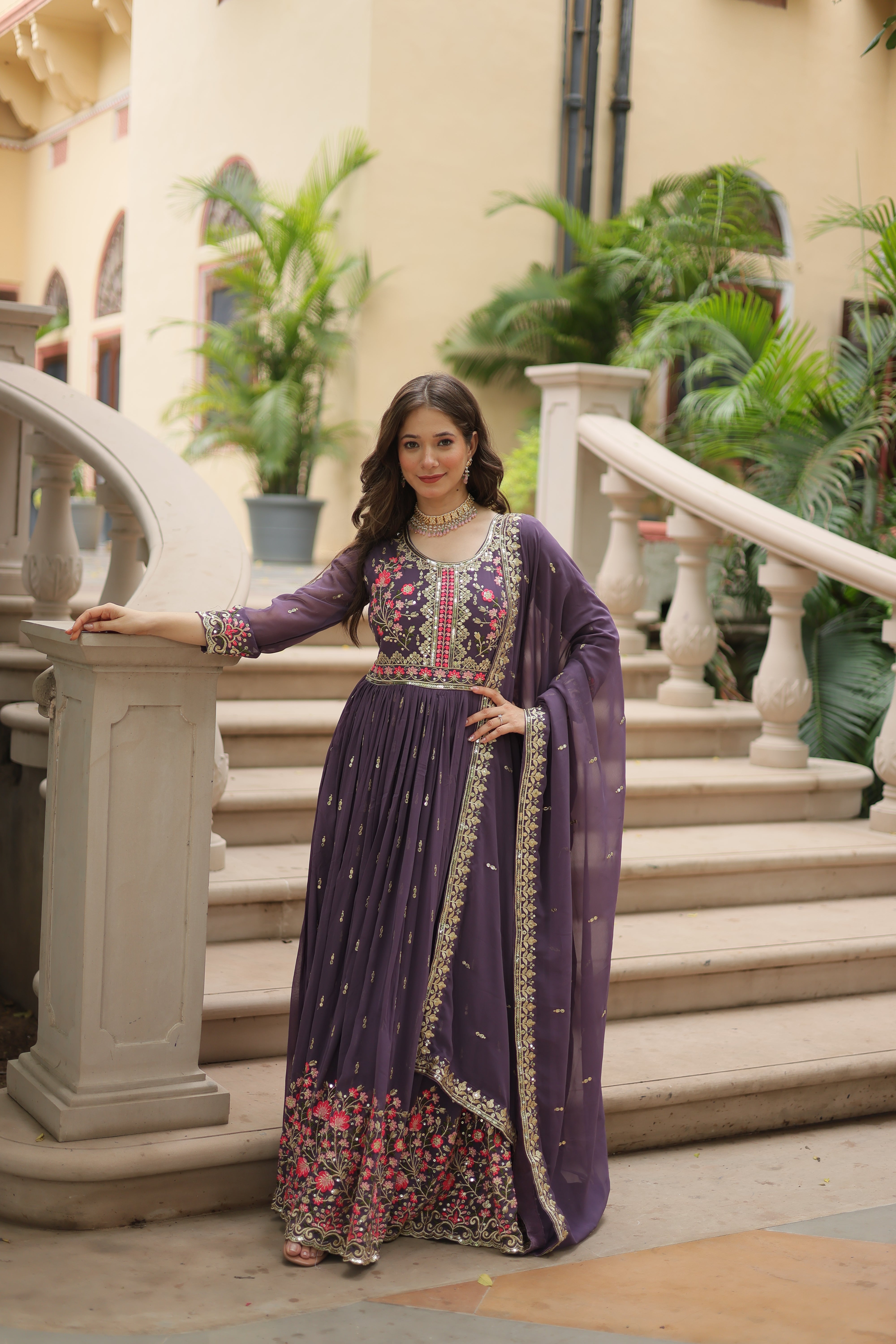 Onion Faux Georgette Gown Sharara With Dupatta Sets