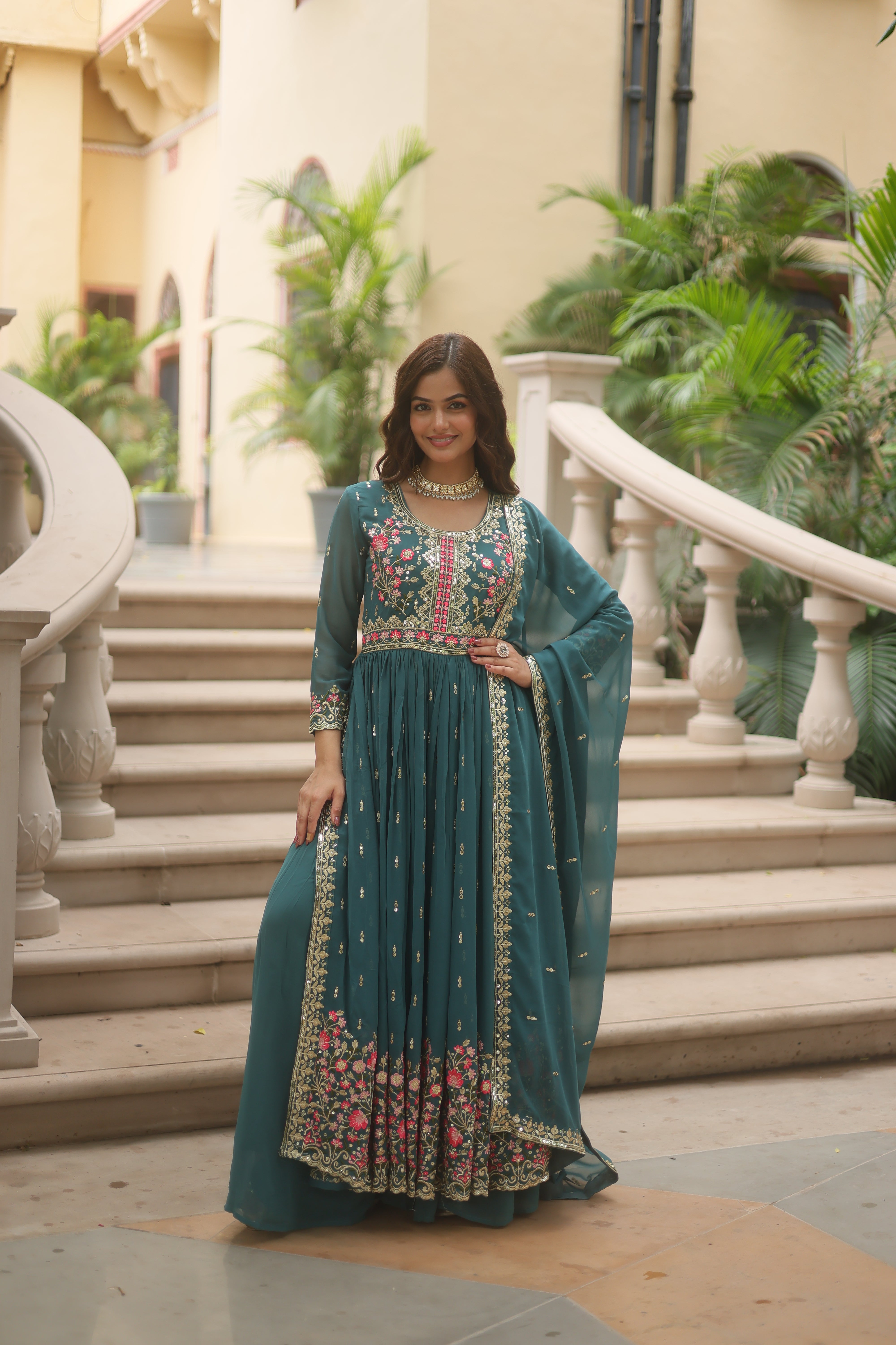 Rama Faux Georgette Gown Sharara With Dupatta Sets