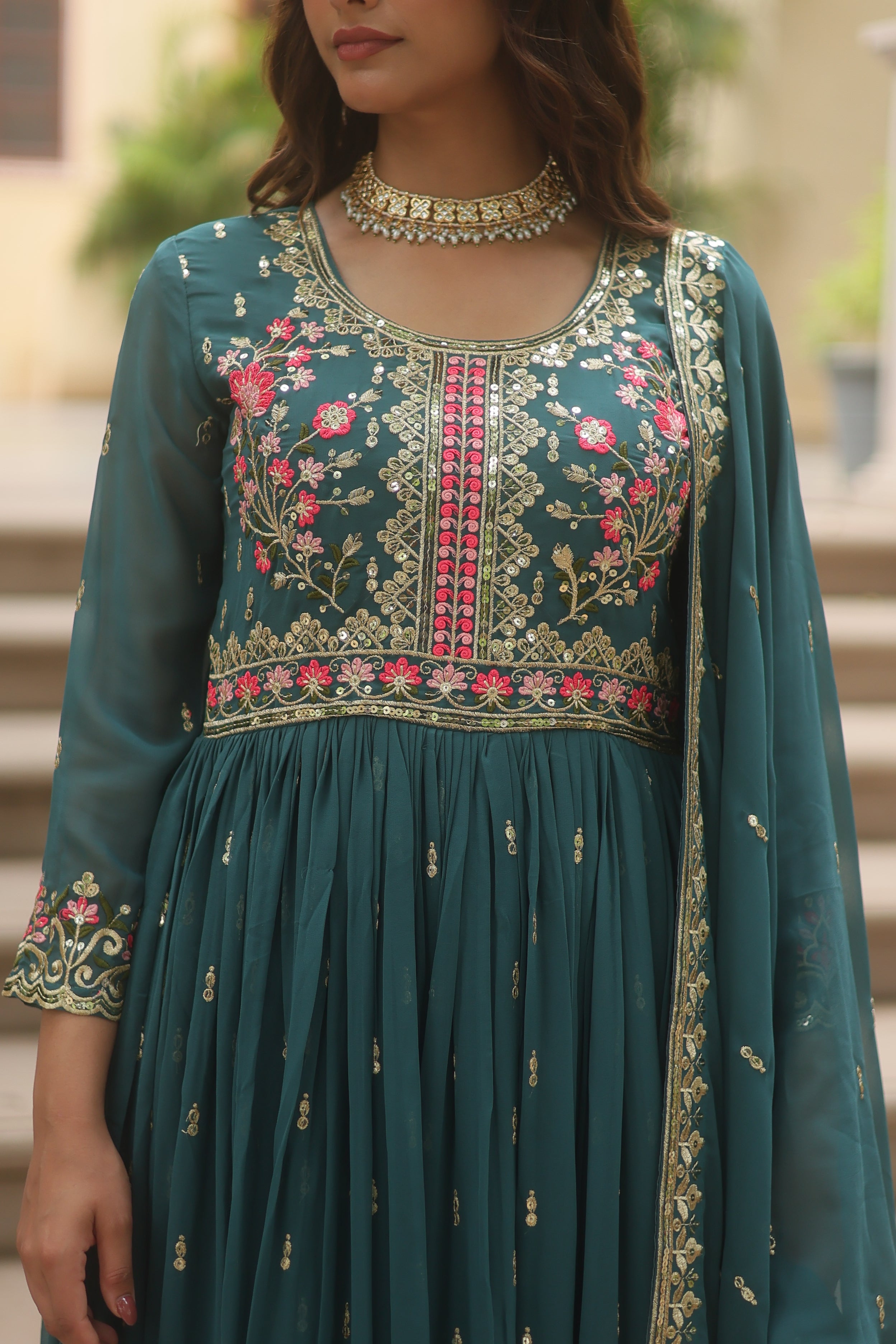 Rama Faux Georgette Gown Sharara With Dupatta Sets