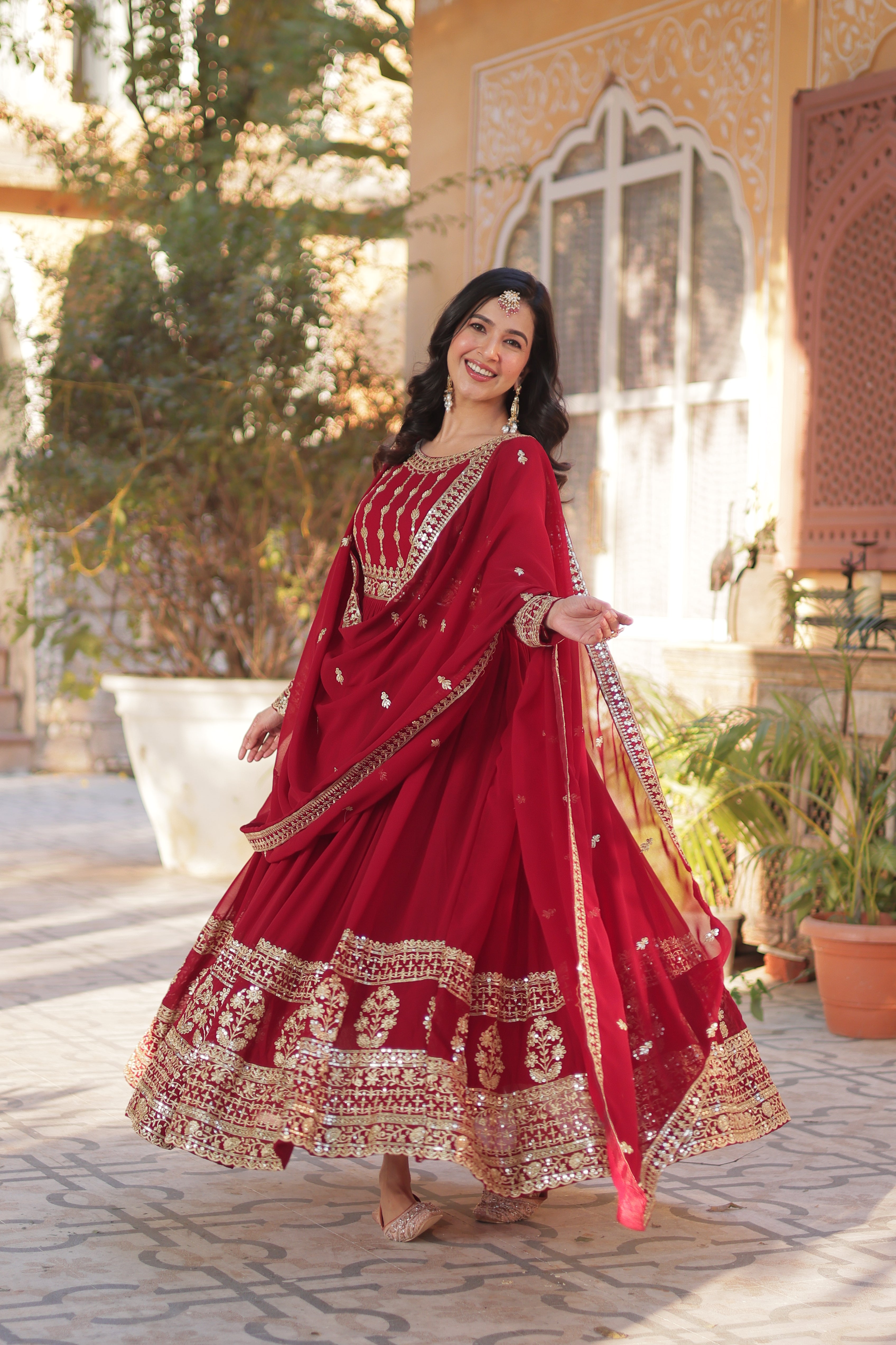 Maroon Faux Blooming Gown with Embroidery Dupatta