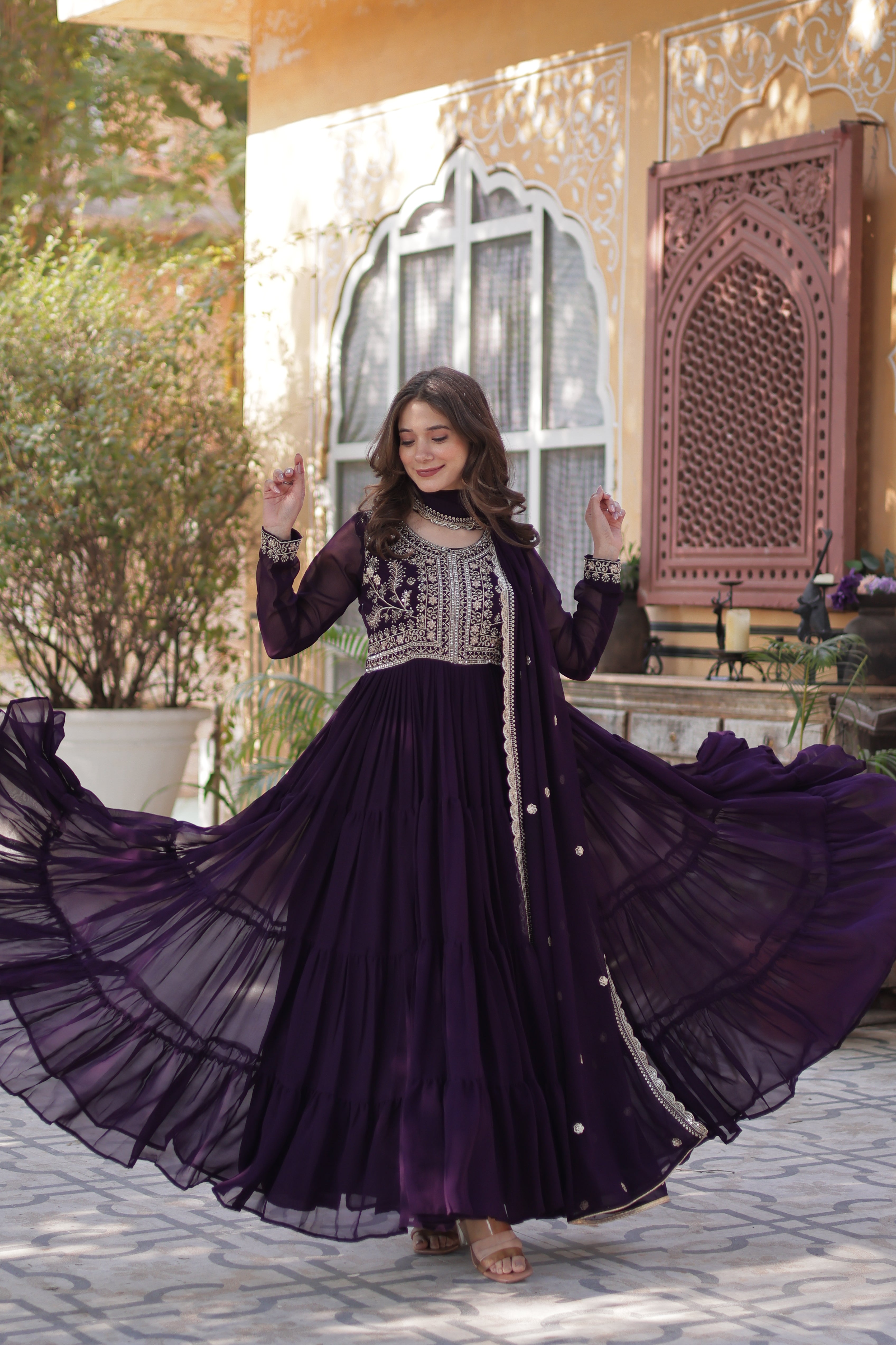 Faux Blooming Georgette Gown With Embroidered Dupatta