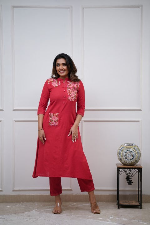 Cotton Embroidered A-line Casual Coord Set