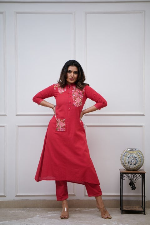 Cotton Embroidered A-line Casual Coord Set