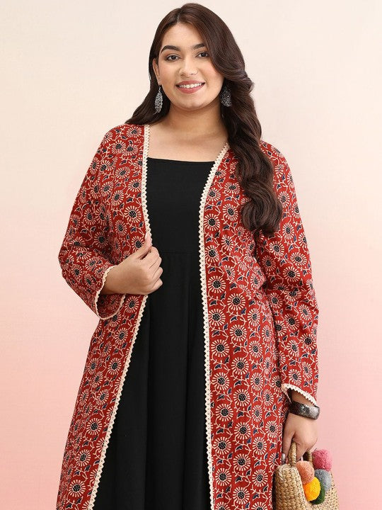 Plus Size Geometric Printed Cotton Anarkali Kurta With Jacket