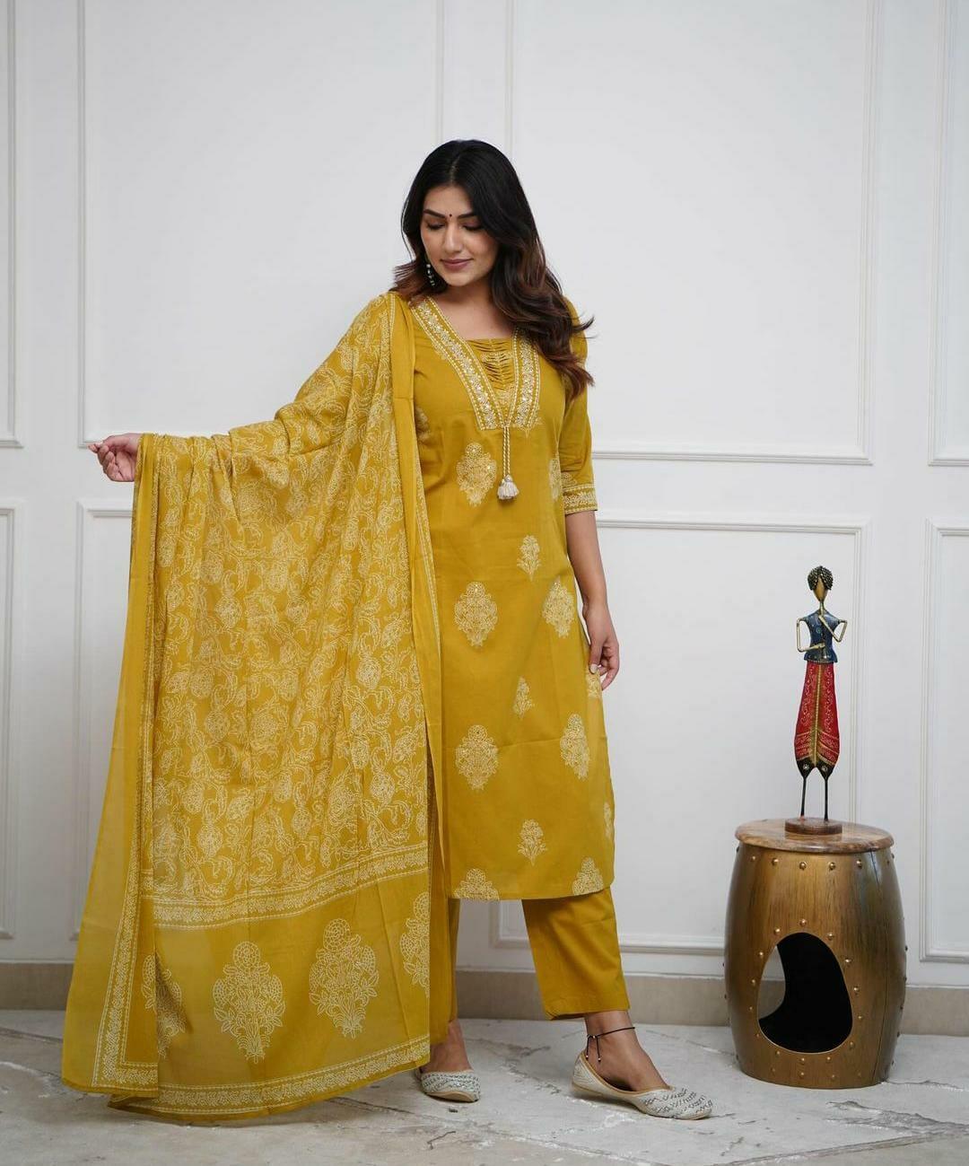 Designer cotton kurta pant with dupatta set