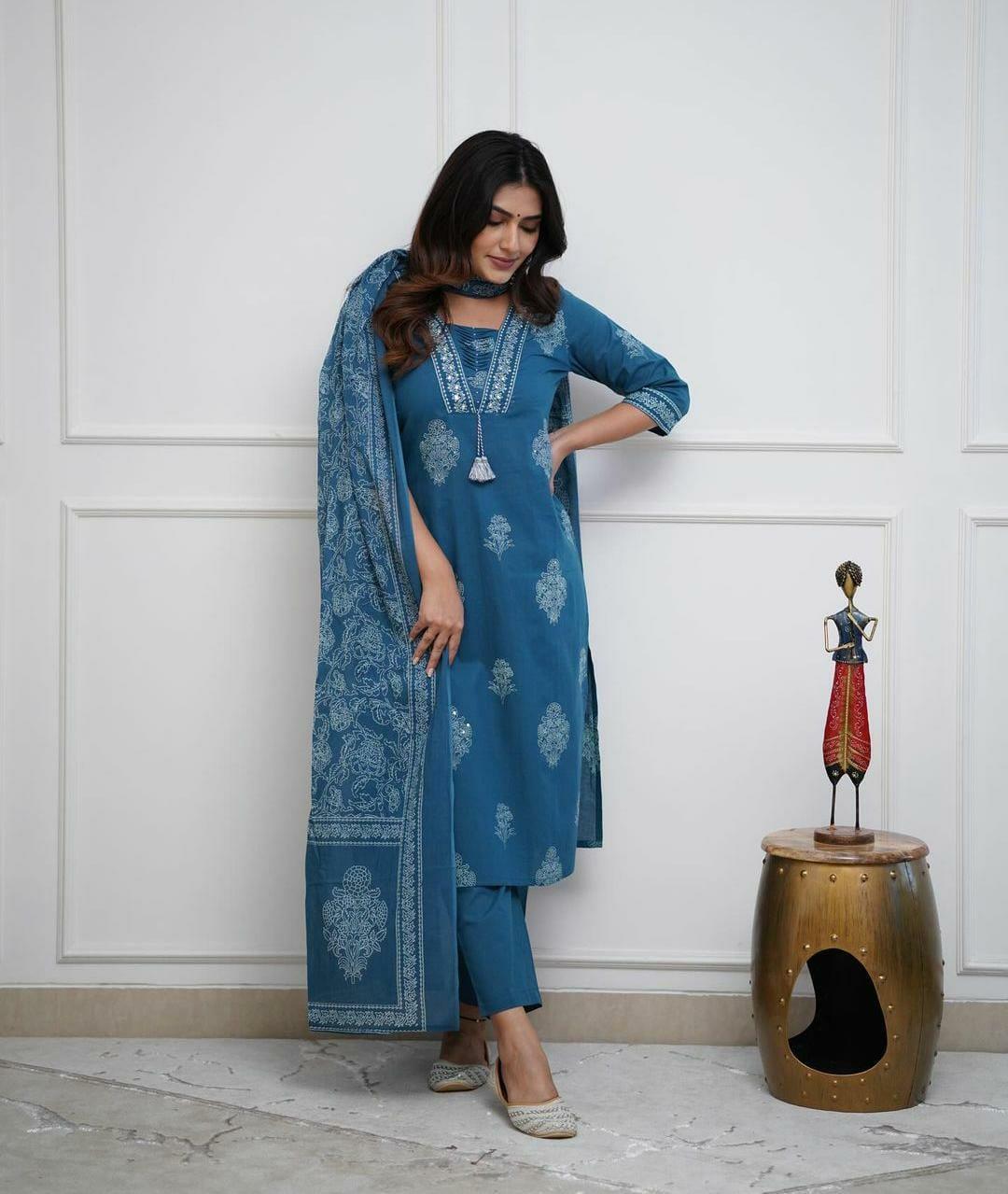 Designer cotton kurta pant with dupatta set