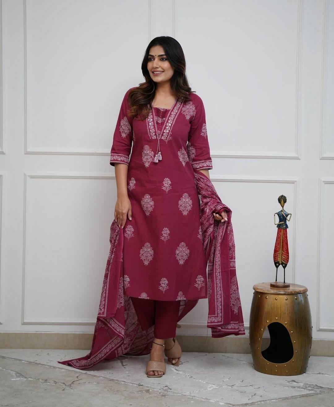 Designer cotton kurta pant with dupatta set