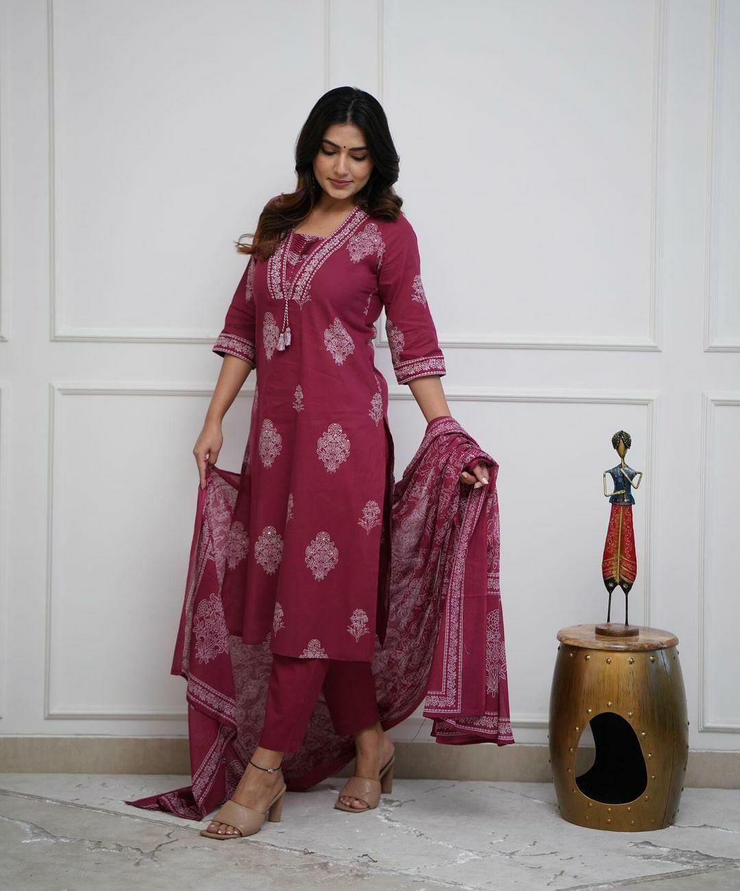 Designer cotton kurta pant with dupatta set