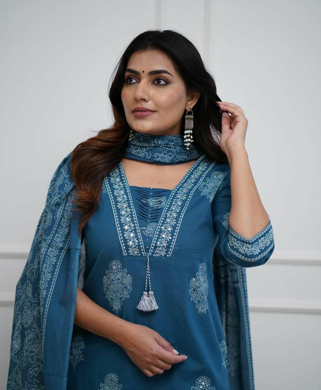Designer cotton kurta pant with dupatta set