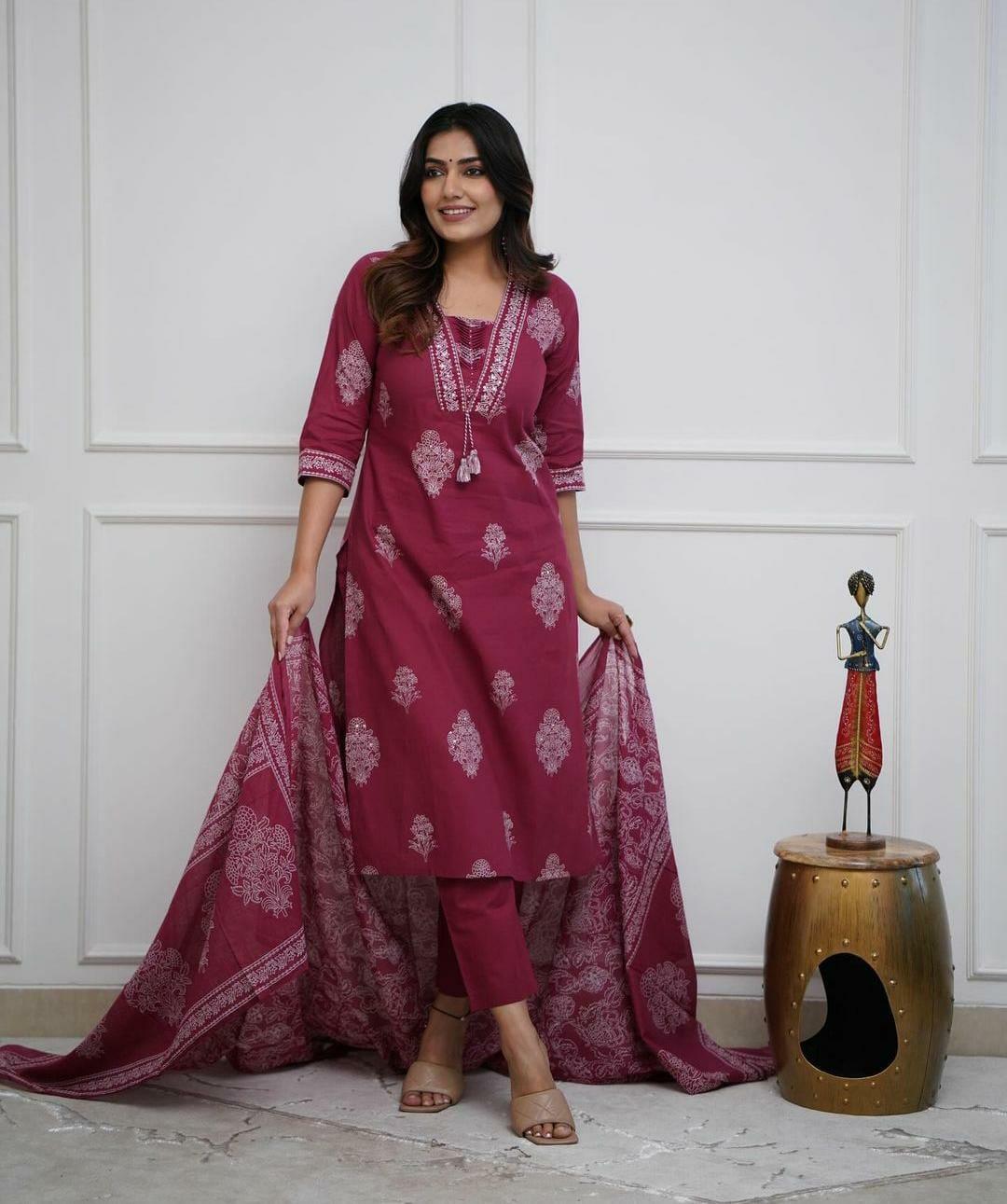 Designer cotton kurta pant with dupatta set