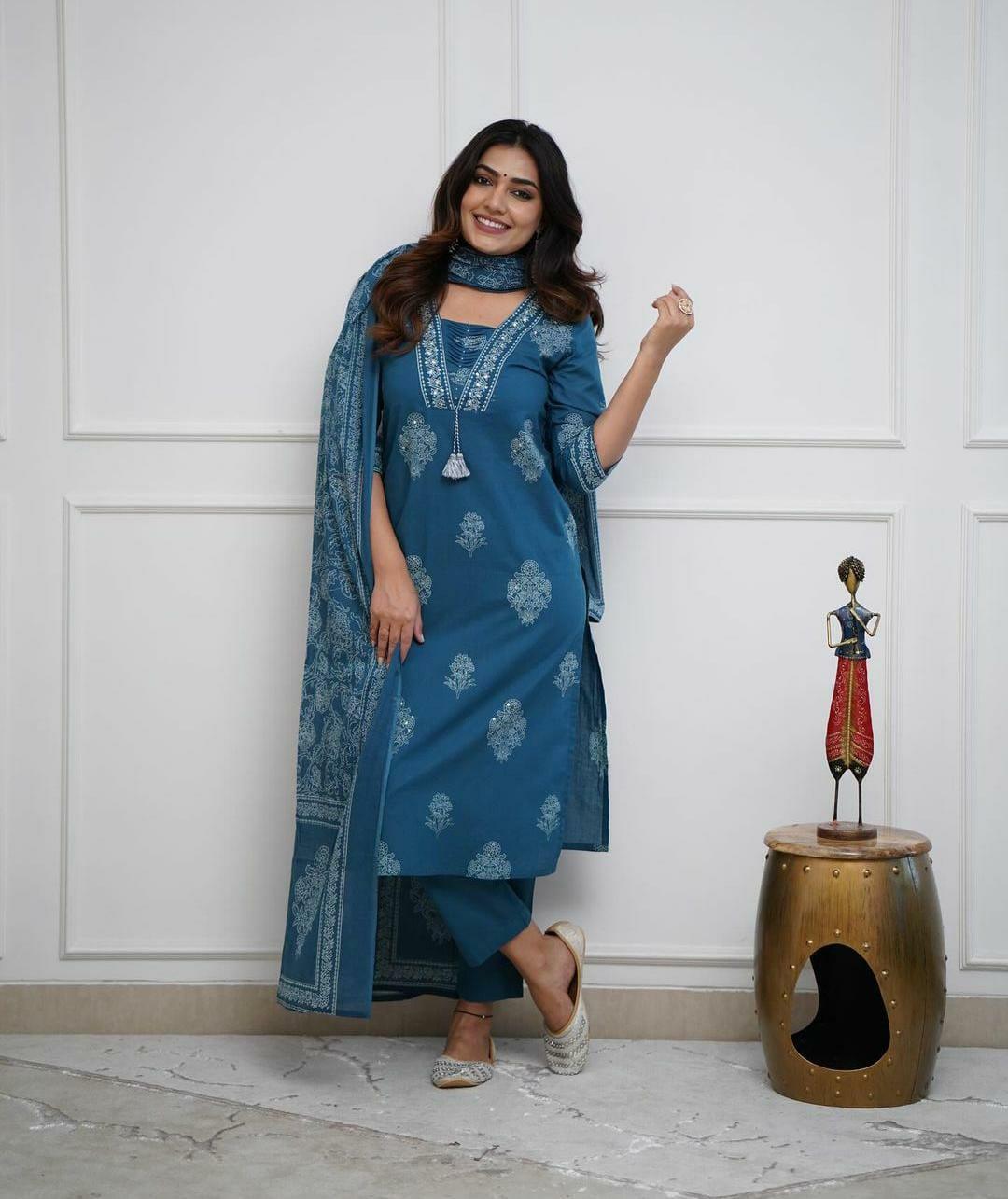 Designer cotton kurta pant with dupatta set
