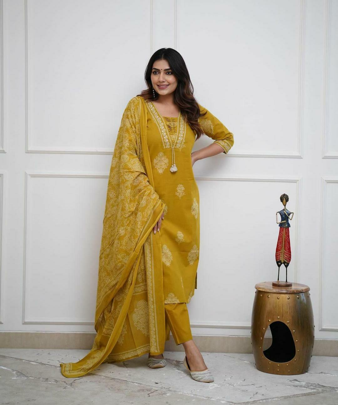 Designer cotton kurta pant with dupatta set