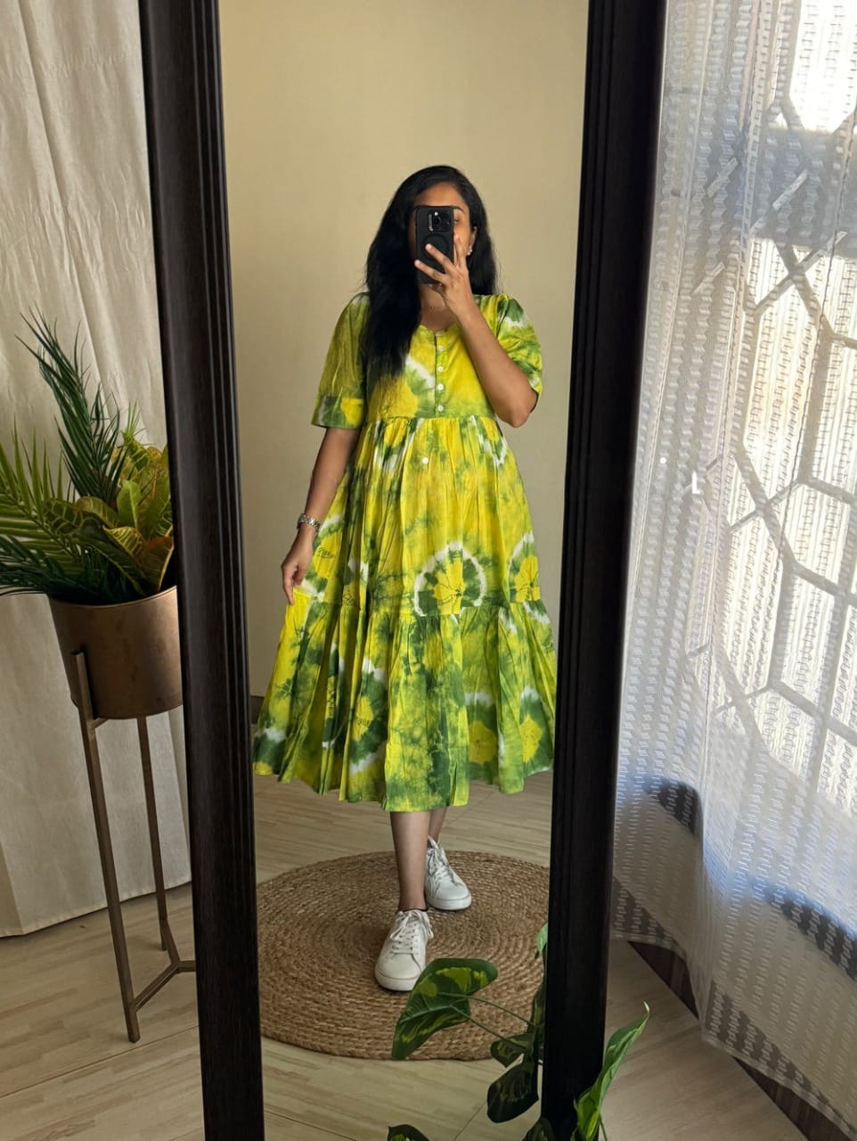 Women Green Cotton Midi Dress