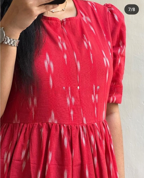 Women Cotton Red Printed Midi Dress