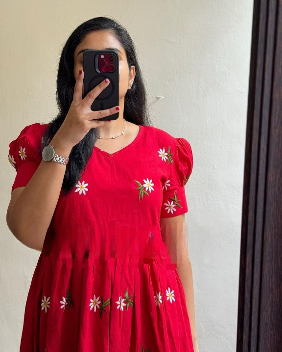 Women Red Cotton Embroidery Midi Dress