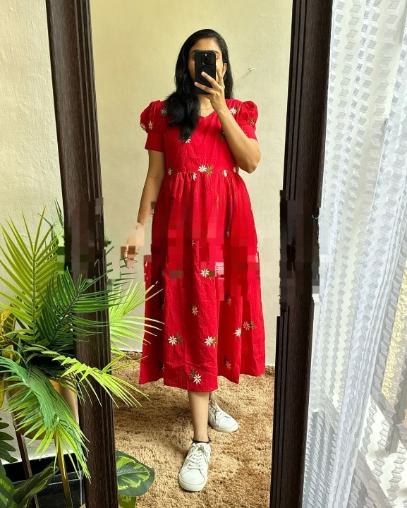 Women Red Cotton Embroidery Midi Dress
