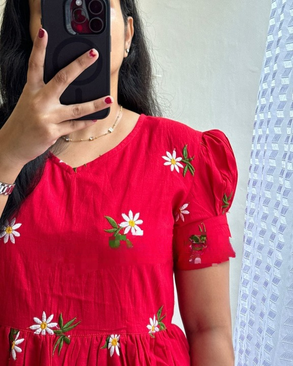 Women Red Cotton Embroidery Midi Dress